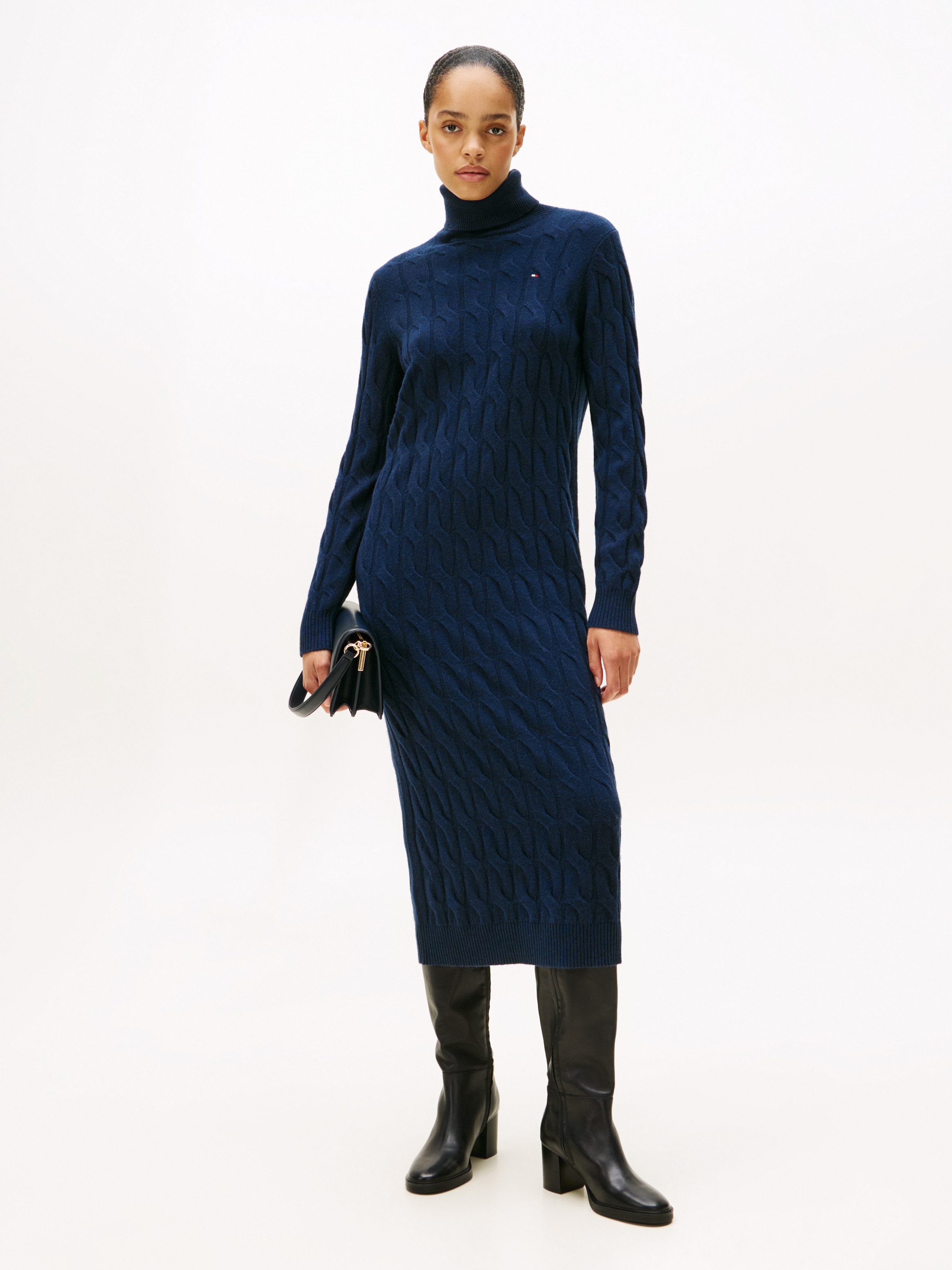 Tommy Hilfiger Strickkleid SOFT WOOL CABLE ROLL-NK LS DRESS Wolle, mit Zopfmuster