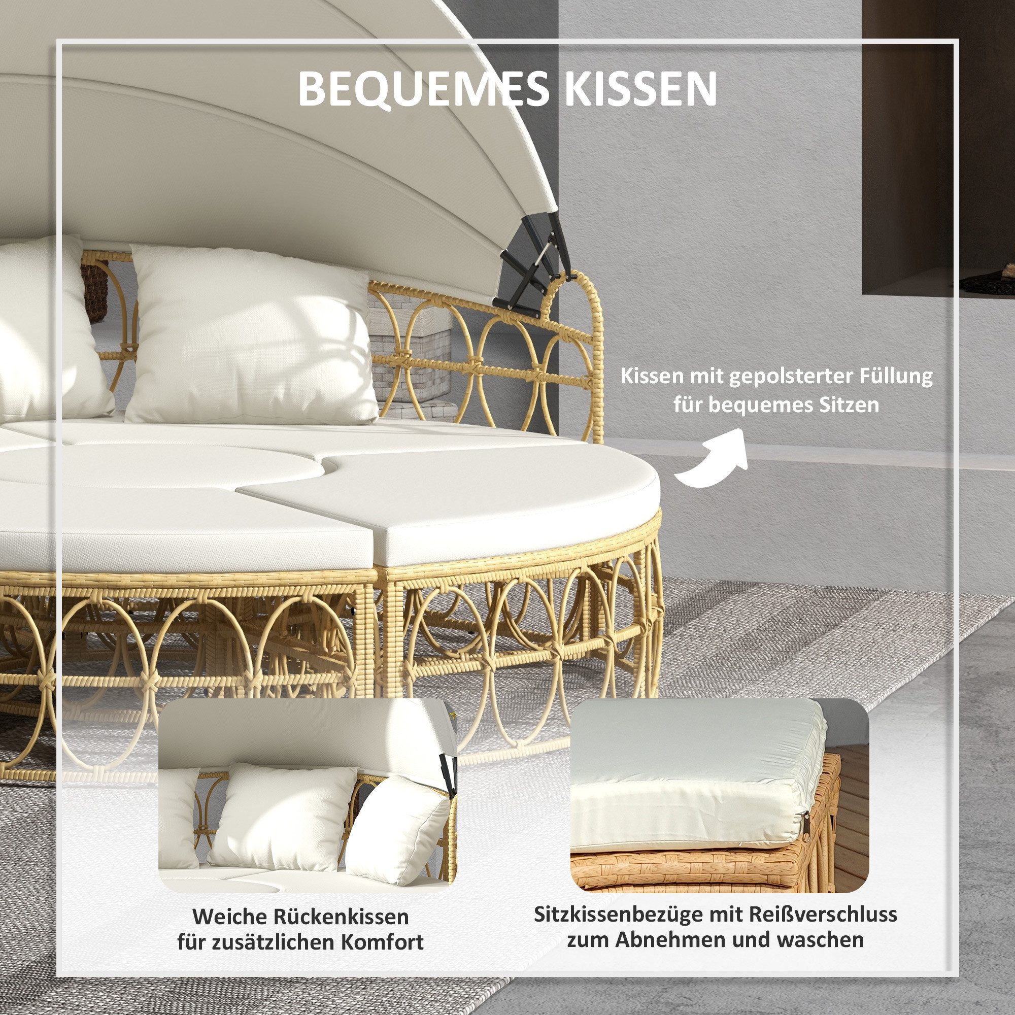 OKWISH Sonneninsel Sitzgruppe 4-tlg. Rattanoptik 178x85x66,5 cm Beige, Garten Liegeinsel für Terrasse Balkon, modernes Relaxmöbel Set 4 Teile, Outdoor Lounge mit ausziehbarem Dach, Sitzgruppe inkl. 5 Kissen