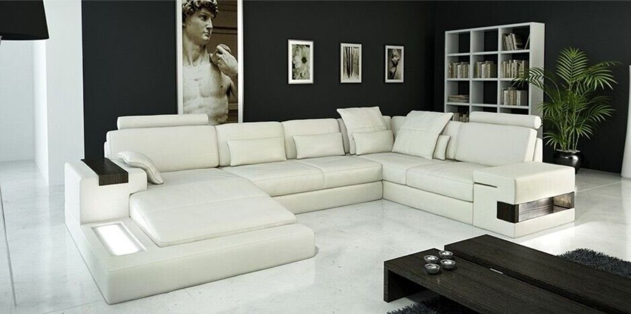 JVmoebel Ecksofa Leder Sofa Couch Polster Garnitur Wohnlandschaft Sofas Couchen USB Weiß | Ecksofas