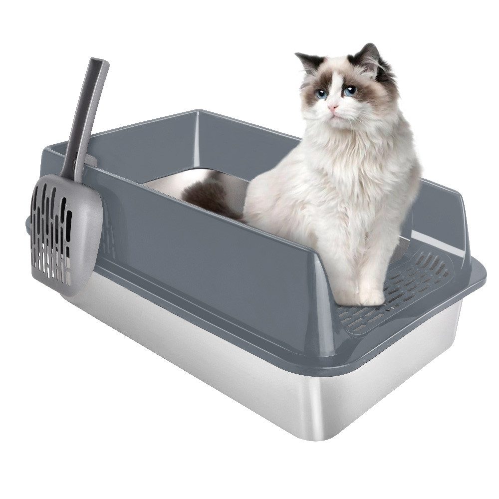 JEOBEST Katzentoilette Katzenklo Edelstahl XL, Offene Katzenklo, Nicht klebrig, mit Pedals und Schaufel, Geruchsfrei und langlebig