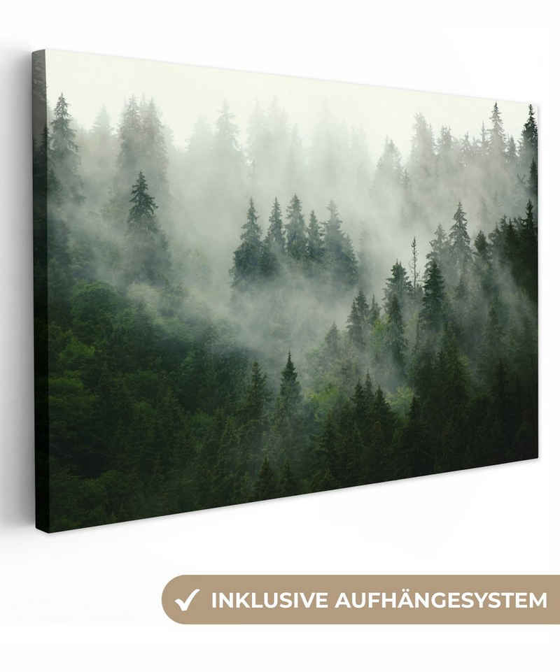 OneMillionCanvasses® Leinwandbild Wald - Nebel - Bäume - Natur, Wald – Nebel – Bäume (1 St), Wandbild für alle Wohnbereiche, Gemälde, XXL, großes, 120x80 cm