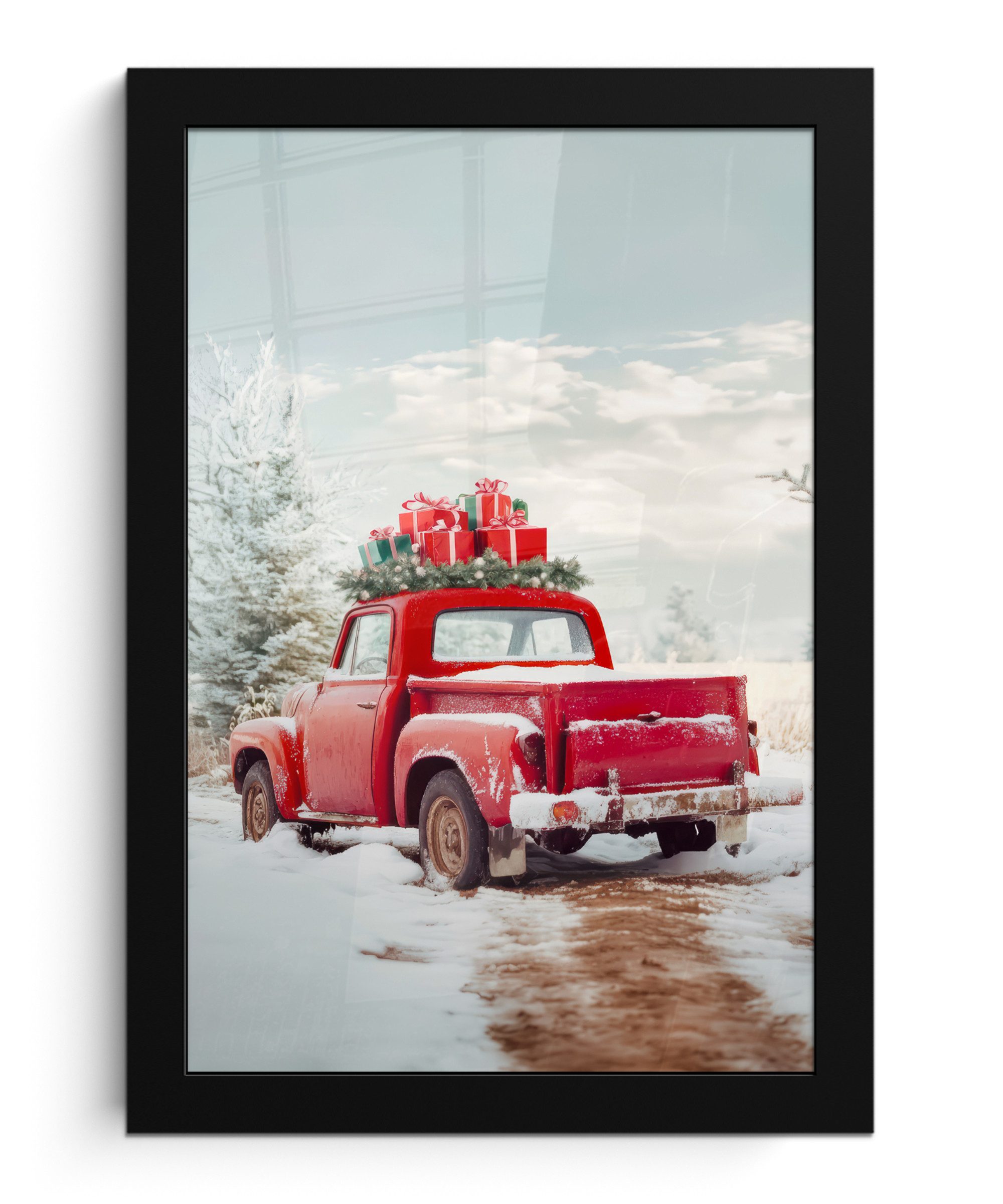 MuchoWow Poster Auto - Rot - Geschenke - Winter - Schnee - Weihnachten, (1 St), Bilderrahmen, Zimmer Deko, Bild für Wohnzimmer, 20x30 cm