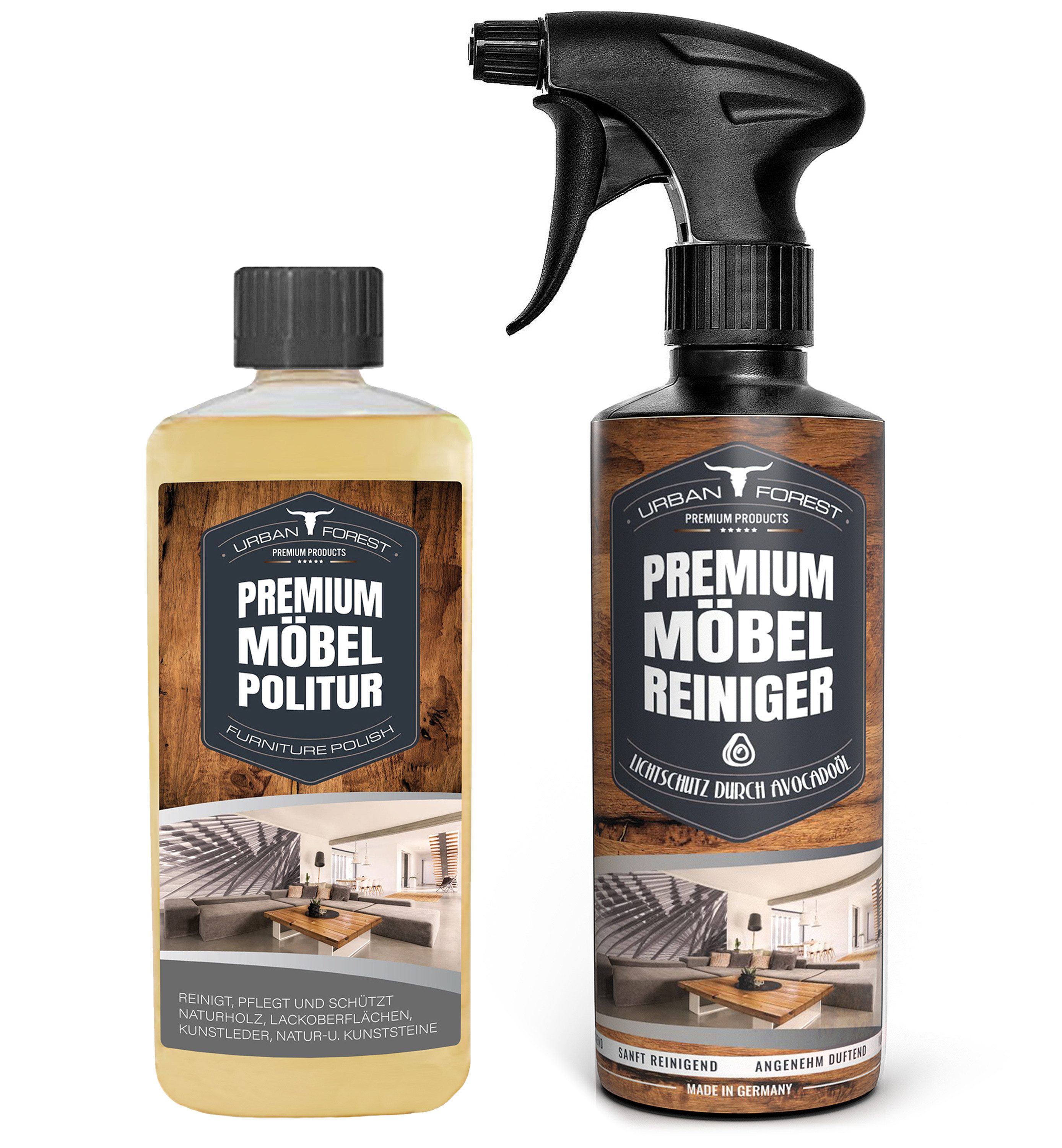URBAN FOREST Sparset Möbelreiniger + Möbelpolitur Holz Öl farblos 2x 500ml Holzreiniger (2-St. 500ml, für Möbel, Leder, Holz)