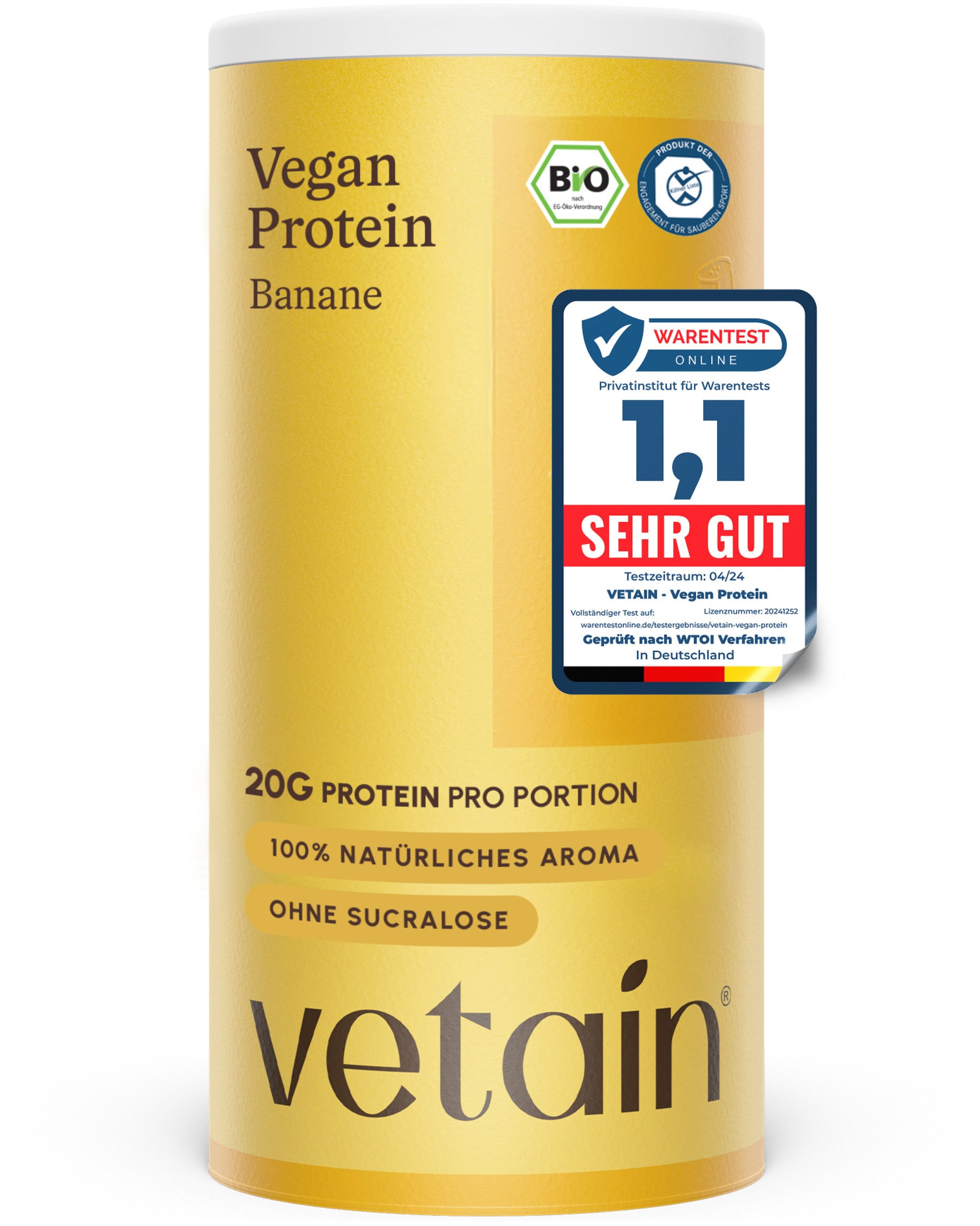 VETAIN Protein Pulver Vegan - Bio Protein Pulver, 540 g, Fermentiertes Erbsenprotein, ohne Stevia, Sucralose & Aspartam