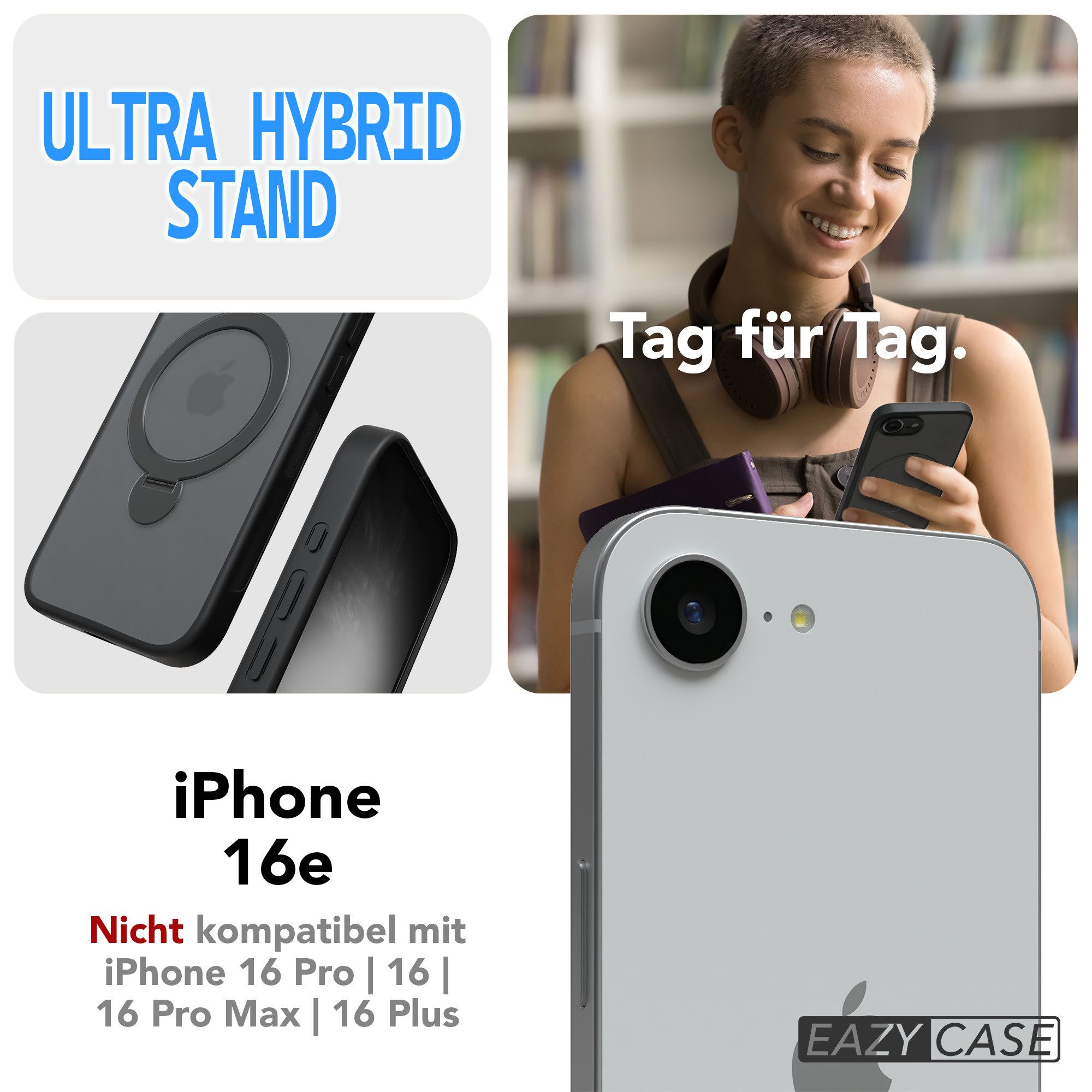 EAZY CASE Handyhülle Outdoor iPhone 16e Case MagSafe Rotation Ring 6,1 Zoll, Outdoor Handy Hülle Bumper Schutzhülle Slim mit Kameraschutz Schwarz
