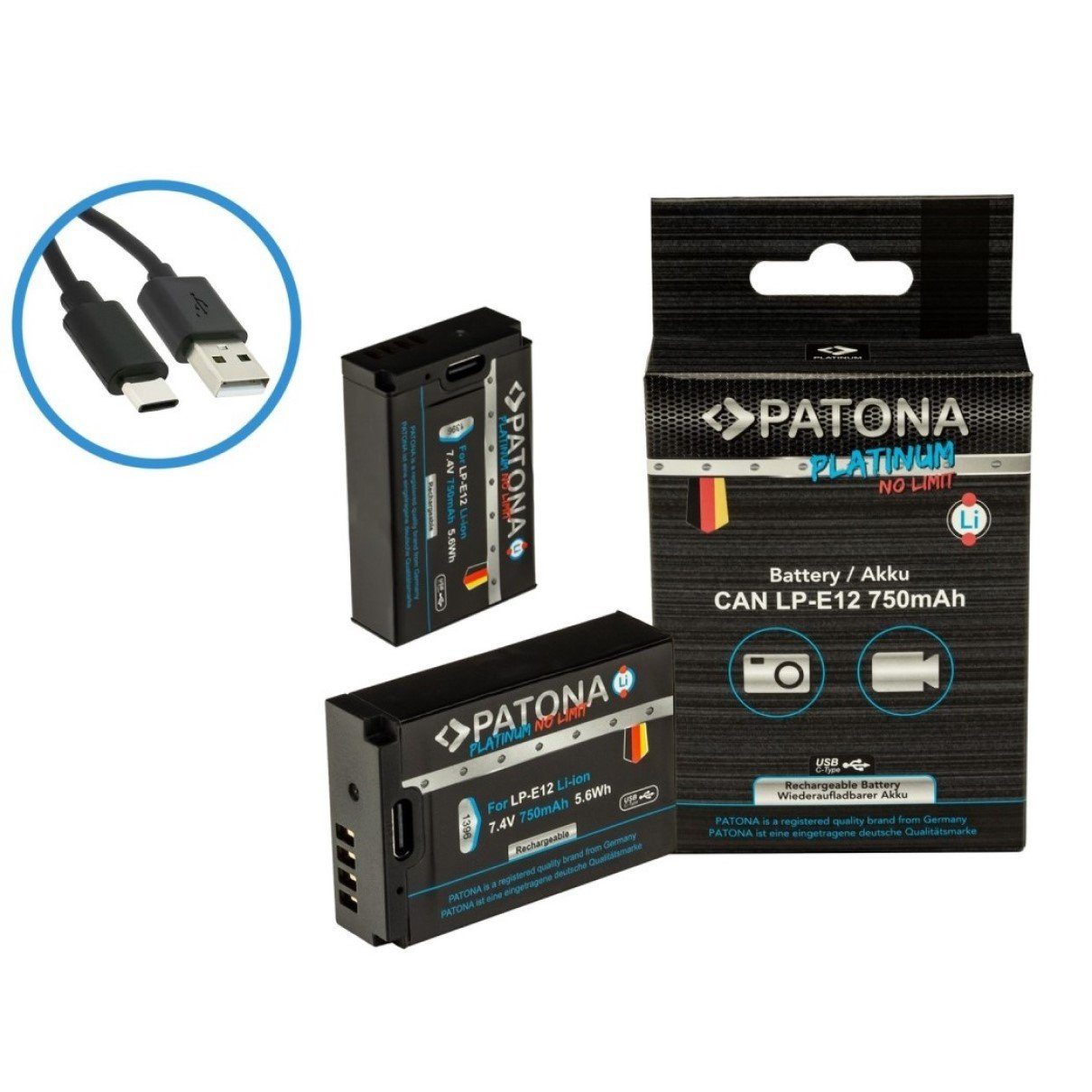 Patona 2x Akku für Canon LP-E12 mit USB C Input Kamera-Akku Ersatzakku Akku 750 mAh (7,4 V, 2 St), EOS 100D EOS-M50 EOS-100D