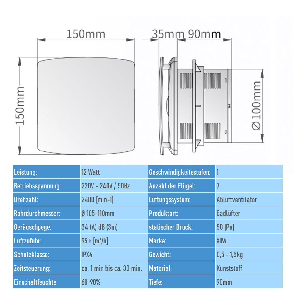 Wandlüfter Raumgröße Geeignete Wand XIIW Badlüfter Aluminium Lüfter 100mm, Wandventilator Badezimmer sehr Ventilator leise, 95m² Fan