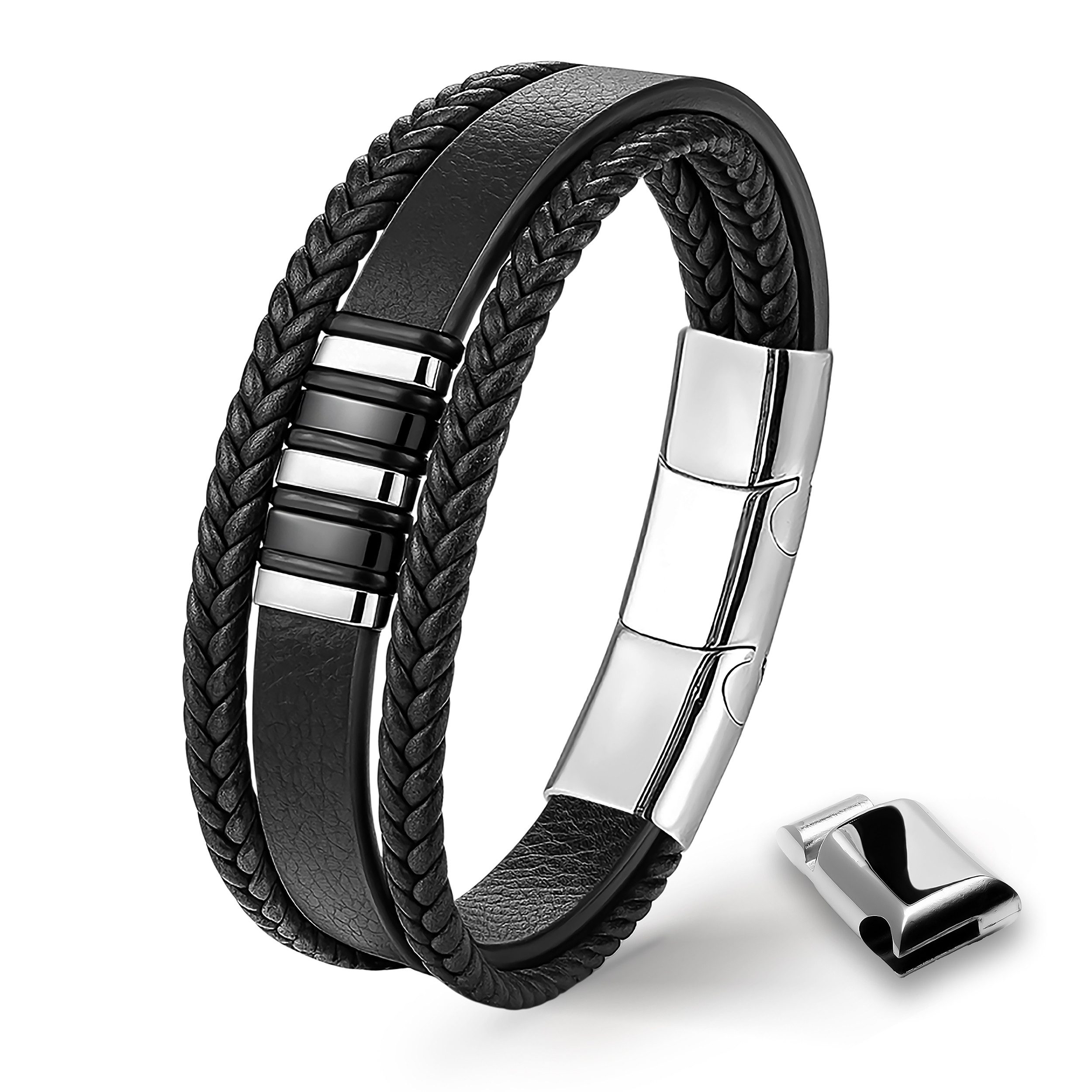UNIQAL.de Lederarmband VORTEX – Echtleder, Edelstahl-Details & sicherer Magnetverschluss (Maskuline Linienführung, glänzende Details und anpassbare Размер für jedes Handgelenk), handgefertigt in Deutschland