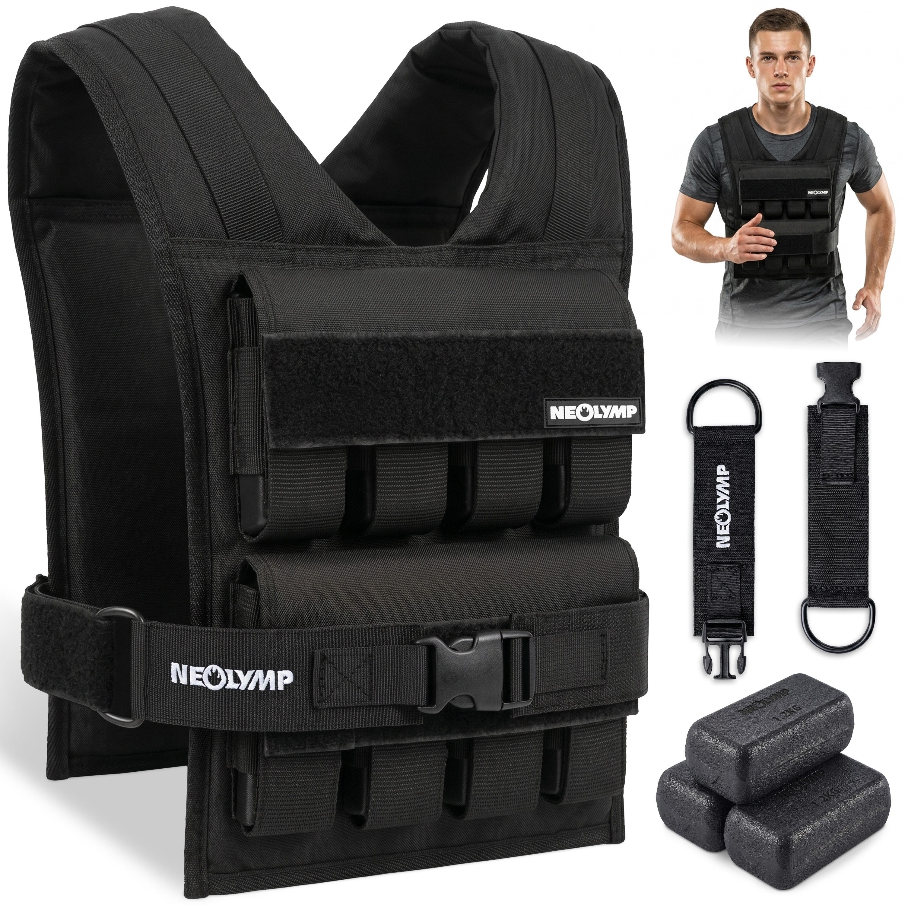 NEOLYMP Gewichtsweste 20kg – 16 Metallblöcke à 1,2kg – Stufenlos verstellbar bis 20 kg, (Plattenträger Weste Herren Damen), Weight Vest Kein Verrutschen – Calisthenics Equipment & Krafttraining