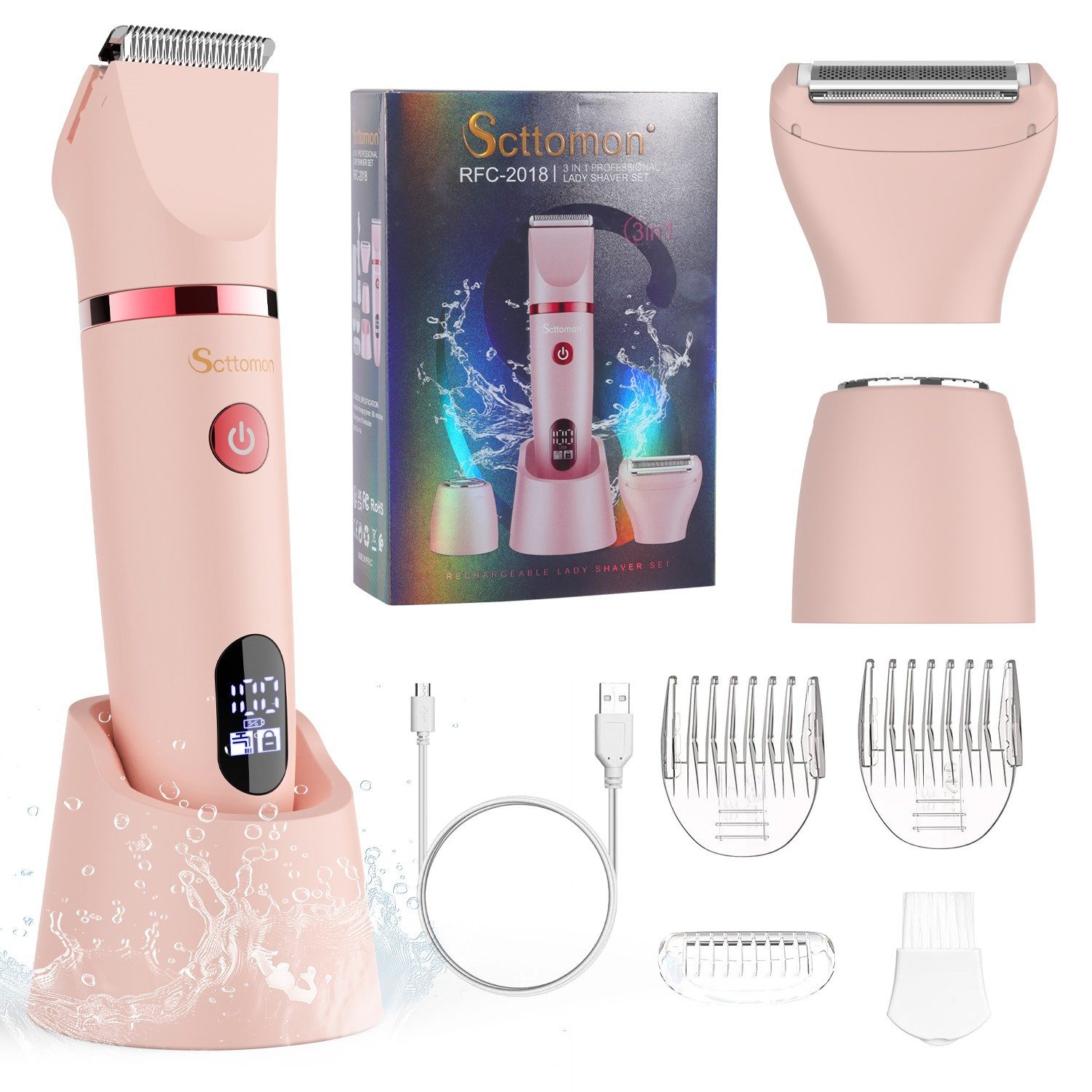 Scttomon Epilierer RFC-2018, Aufsätze: 1 St., Damenrasierer, Gesichtshaartrimmer, 3-in-1, Wet&Dry