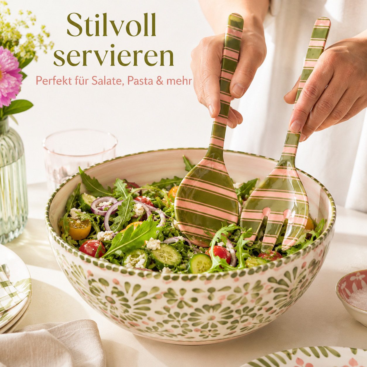 rice Salatbesteck RICE Salatbesteck Melamin Streifen grün/rosa, 2-tlg. (2-tlg)