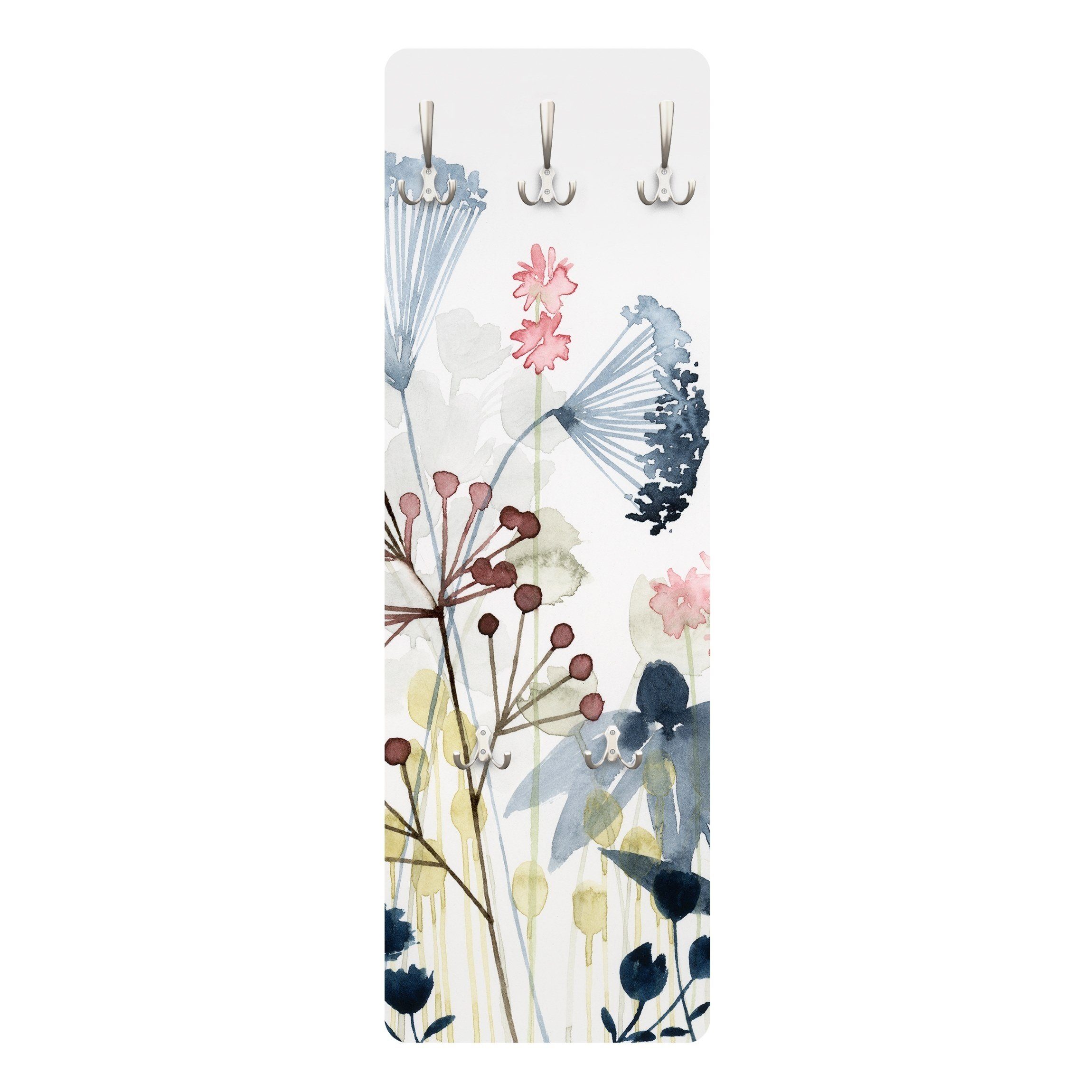 Bilderdepot24 Garderobenpaneel weiss Aquarell Blumen Floral Kunst Landhaus Wildblumen Aquarell I (ausgefallenes Flur Wandpaneel mit Garderobenhaken Kleiderhaken hängend), moderne Wandgarderobe - Flurgarderobe im schmalen Hakenpaneel Design