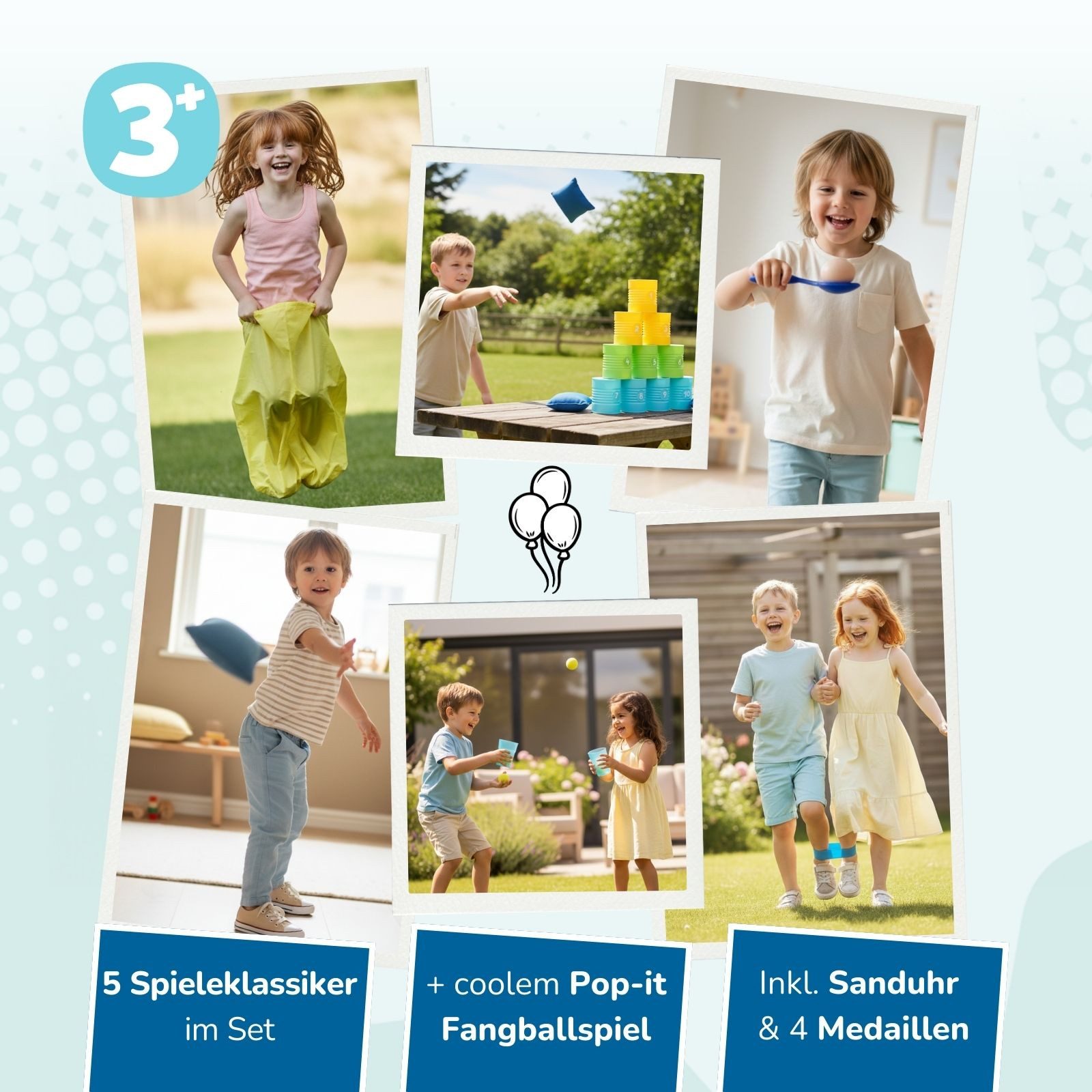 alldoro Spiel XXL Kinderparty-Set, 42 Teile, Dosenwerfen, Sackhüpfen, Eierlauf usw., 6 Spiele für Kindergeburtstag, drinnen & draußen, Kinder ab 3 Jahre