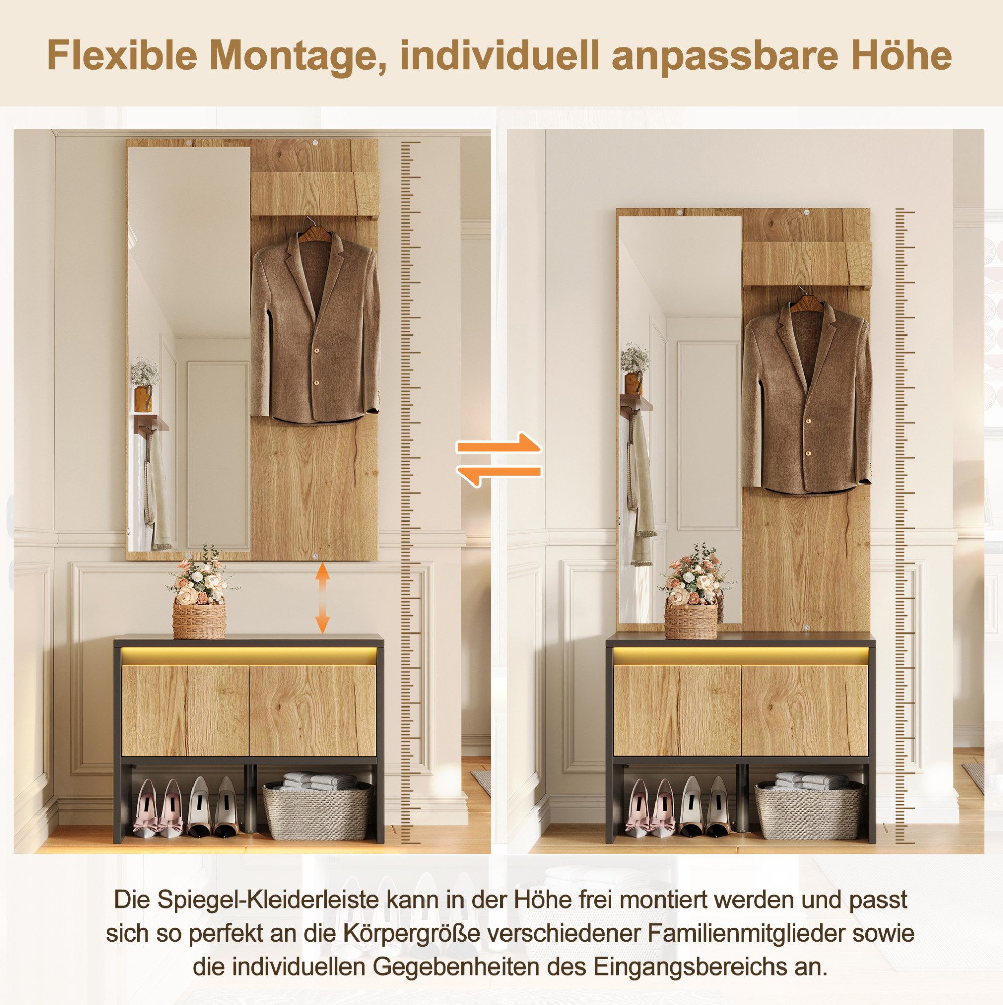 REDOM Garderobenschrank Garderoben-Set mit Stauraum, Garderobenmöbel mit Spiegel (Schuhbank und Kleiderhaken, inklusive Kleiderständer und Schubladen, Garderobenständer, Garderobe 60×38×145 cm)
