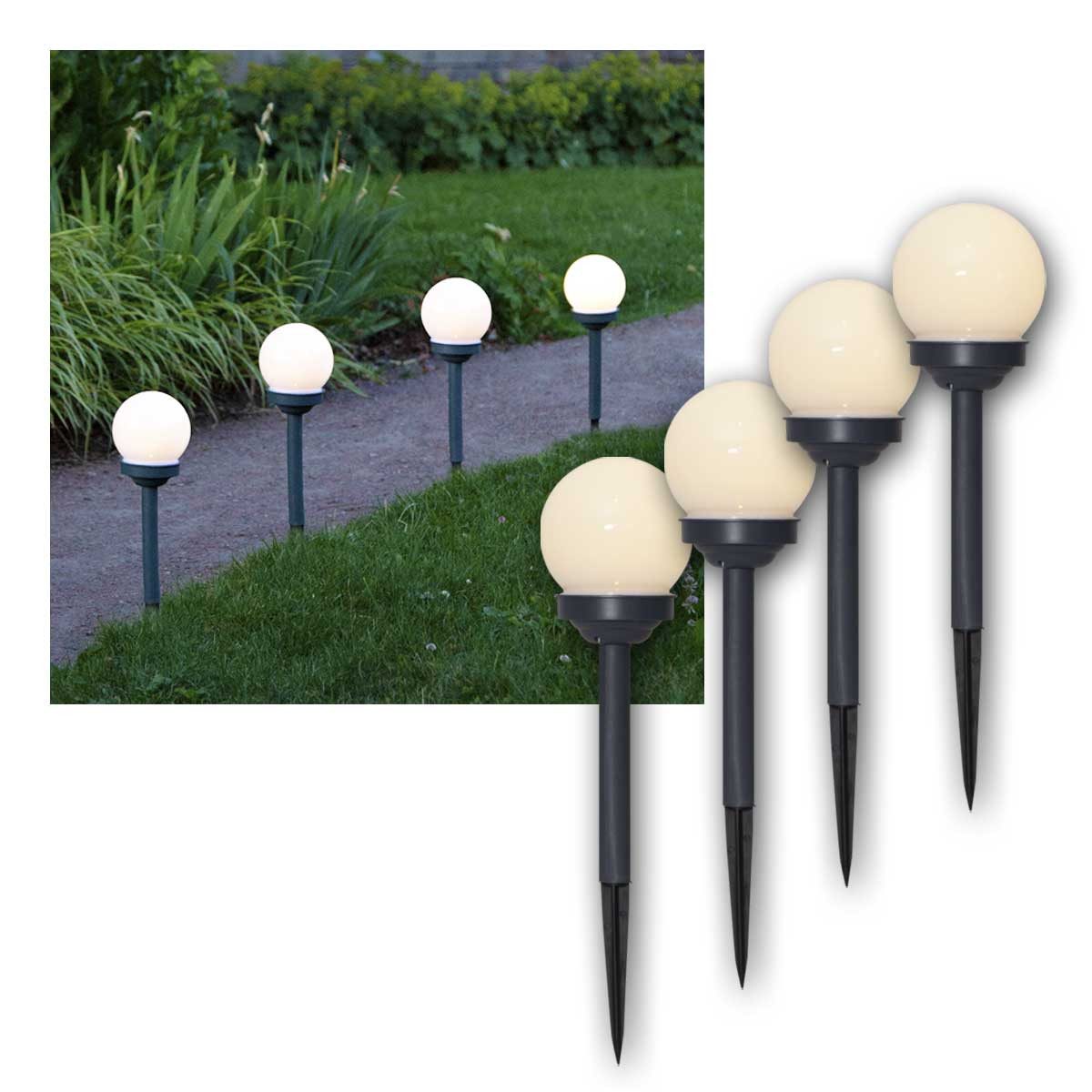 STAR TRADING LED Solarleuchte Solar LED Gartenstecker GLOBUS 4er Set, warmweiß