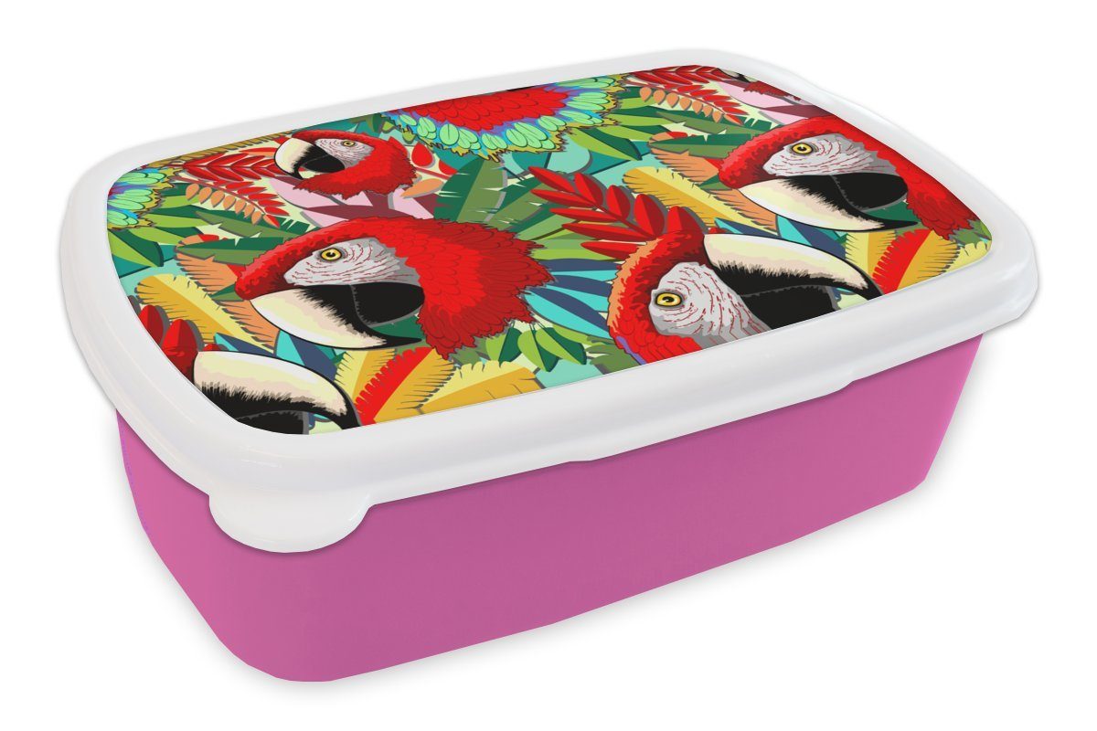 MuchoWow Lunchbox Dschungel - Papagei - Vögel - Design, Kunststoff, (2-tlg), Brotbox für Erwachsene, Brotdose Kinder, Snackbox, Mädchen, Kunststoff rosa | Lunchboxen