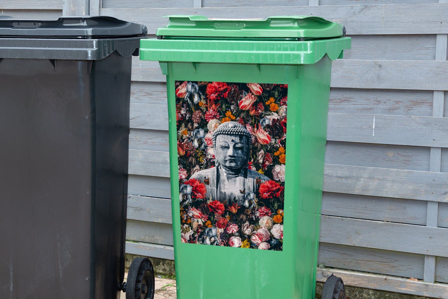 MuchoWow - (1 - Bild St), Sticker, Wandsticker Mülltonne, Blumen Mülleimer-aufkleber, Abfalbehälter Container, Buddha