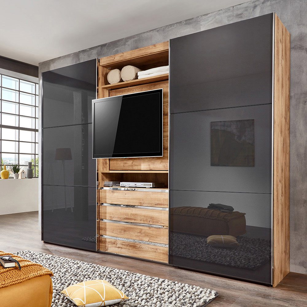 Lomadox Kleiderschrank MIDLAND-43 in Eiche Glasfront grau TV Halterung Schwebetüren 300x236x65 cm