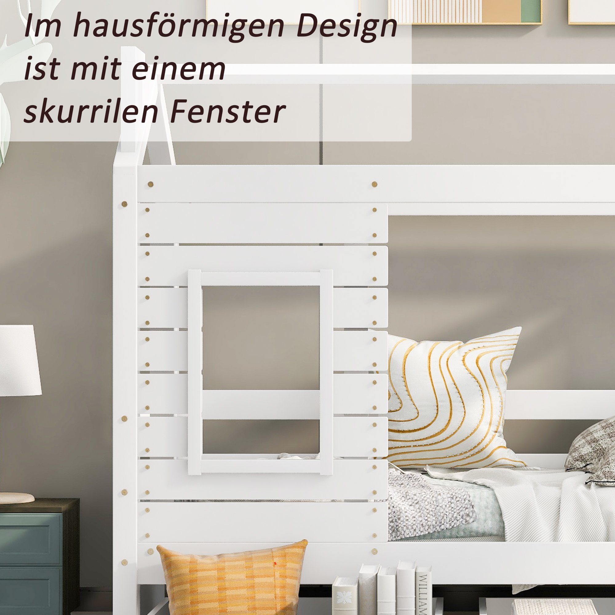 und Rausfallschutz, 2 mit SOFTWEARY cm), Kinderbett Lattenrost Kiefer (80x160 Hausbett mit Einzelbett Schubladen