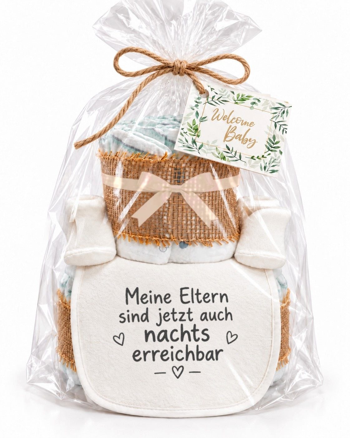 dubistda-WINDELTORTEN- Neugeborenen-Geschenkset Windeltorte „Meine Eltern sind jetzt auch nachts erreichbar“ (Set, Windeltorte mit Lätzchen und Babysocken) handgemacht in Deutschland