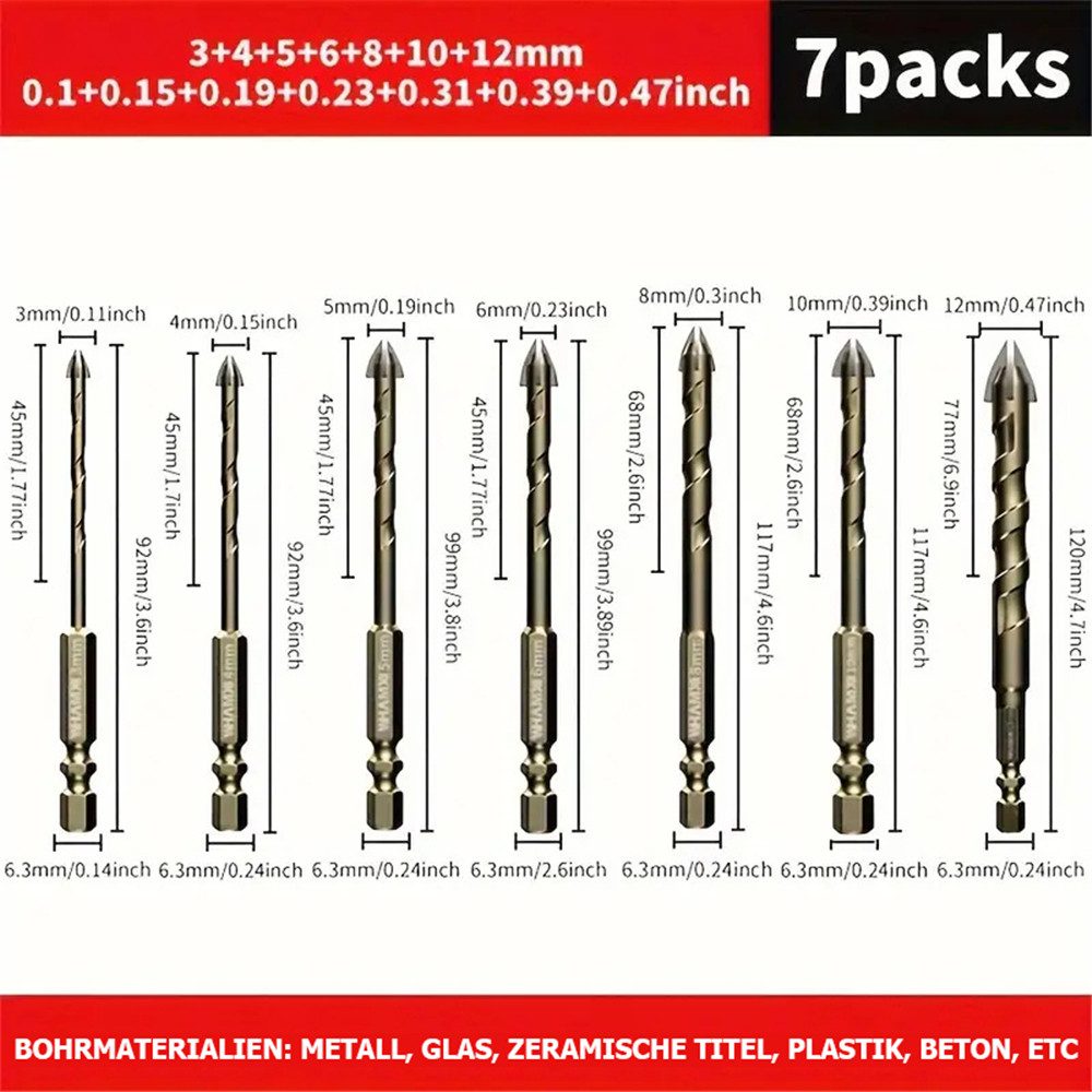 RefinedFlare Bohrer- und Bit-Set 7 Stück Mehrzweck-Vierkant-Kreuzsechskantbohrer mit hoher Härte, Lochöffner für Glasbetonfliesen 3, 4, 5, 6, 8, 10, 12 mm