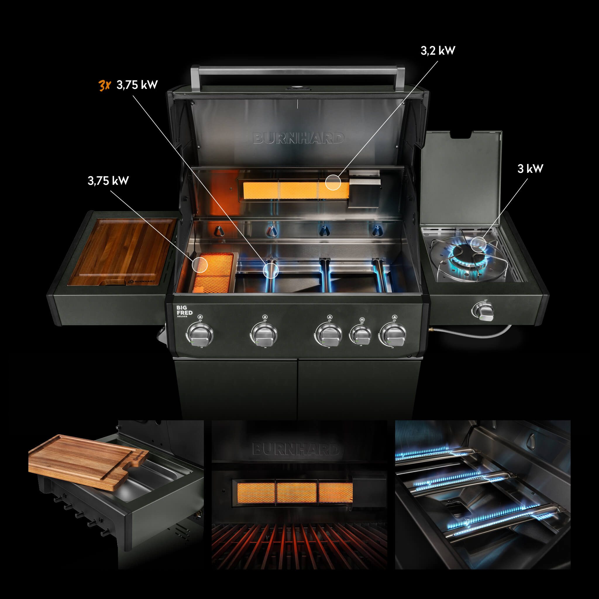 BURNHARD® Gasgrill 4-Brenner, 21,2 kW Gesamtleistung, Infrarot-Keramikbrenner, Edelstahl-Stabbrenner, Seitenkochfeld, Gussrost, große Grillfläche, Piezo-Zündung – Big FRED Deluxe