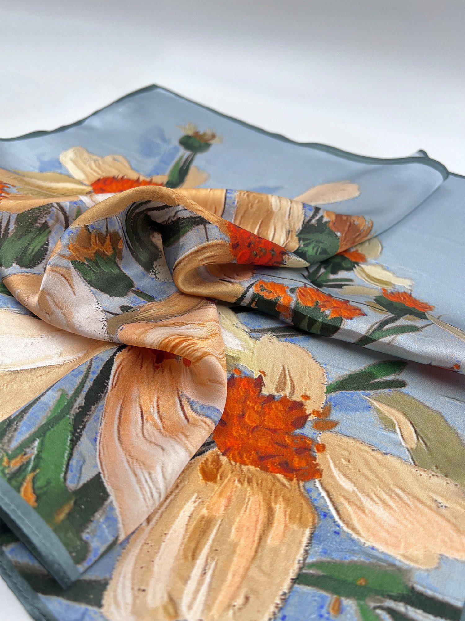 Vivi Idee Seidentuch 100% Maulbeerseide Halstuch Damen Margeriten-blau, Quadratisches 53x53 cm Halstuch, bedrucktes Seidenschal