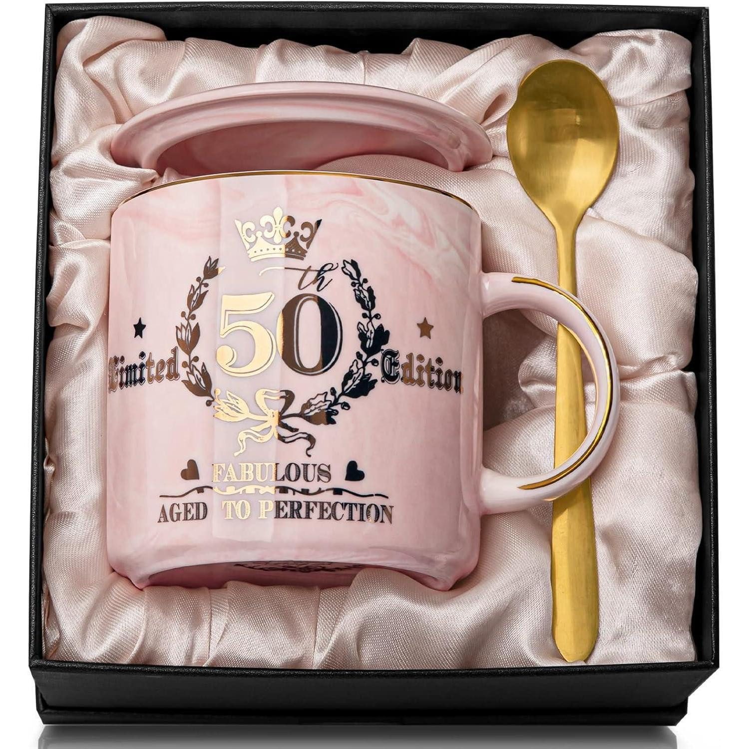 ALBISS Tasse Geschenk 50. Geburtstag Frau - 400ml Marmor Kaffeetasse Gold Rosa