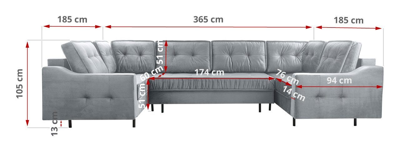 - ABETO U-Form Wohnlandschaft MKS mit Schlaffunktion Grau MÖBEL Monolith Couch U, - Ecksofa Bettsofa