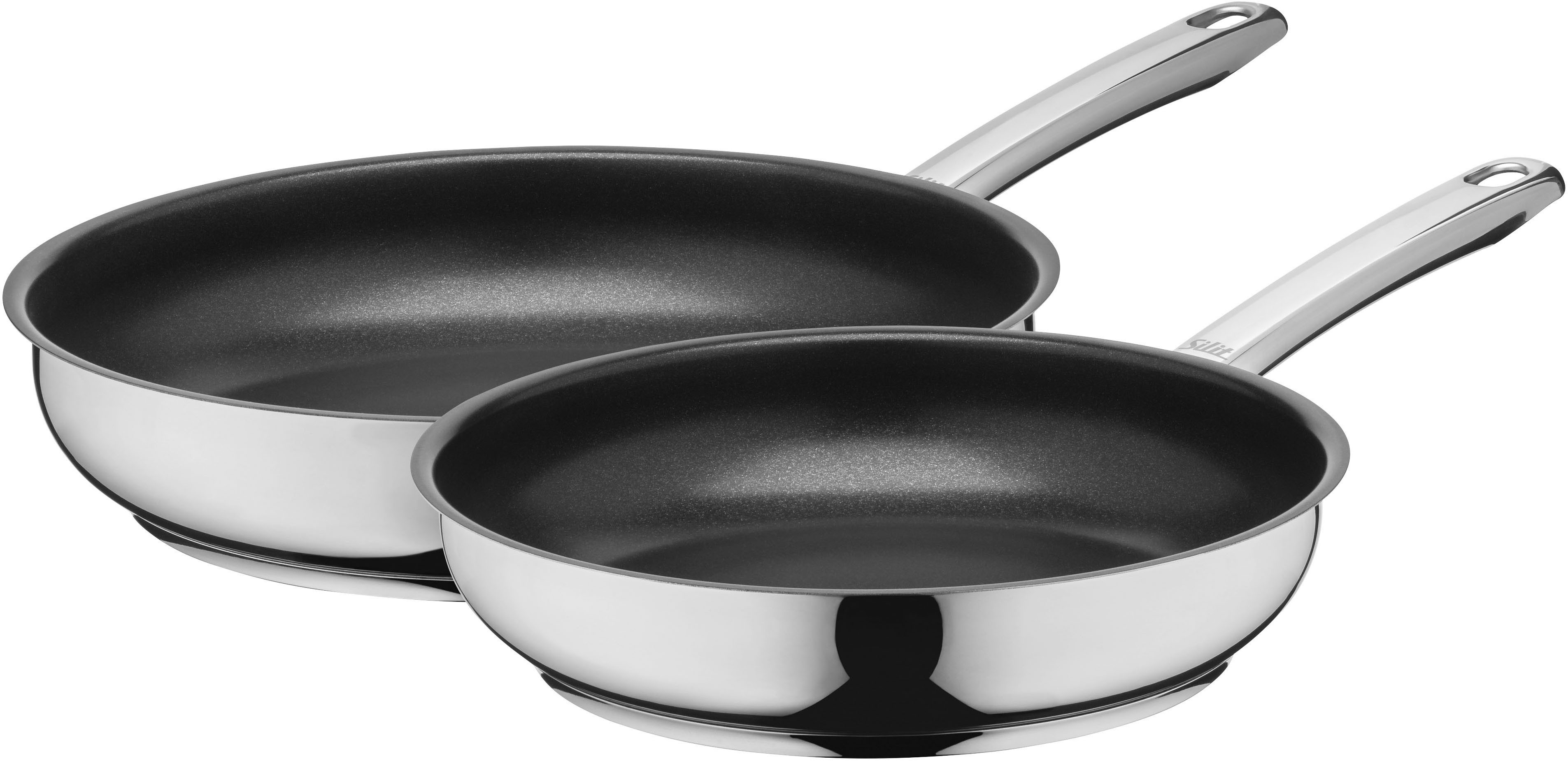 Silit Сковороди-Set Calabria, Edelstahl 18/10 (Set, 2-tlg., Stielpfanne 24 cm und 28 cm), Silitan Antihaftversiegelung, polierter Edelstahl, induktionsgeeignet