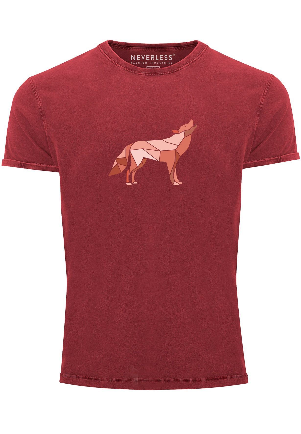 Neverless Print-Shirt Herren Vintage Shirt Aufdruck Wolf Polygon Print Geometrie Outdoor Wil mit Print rot