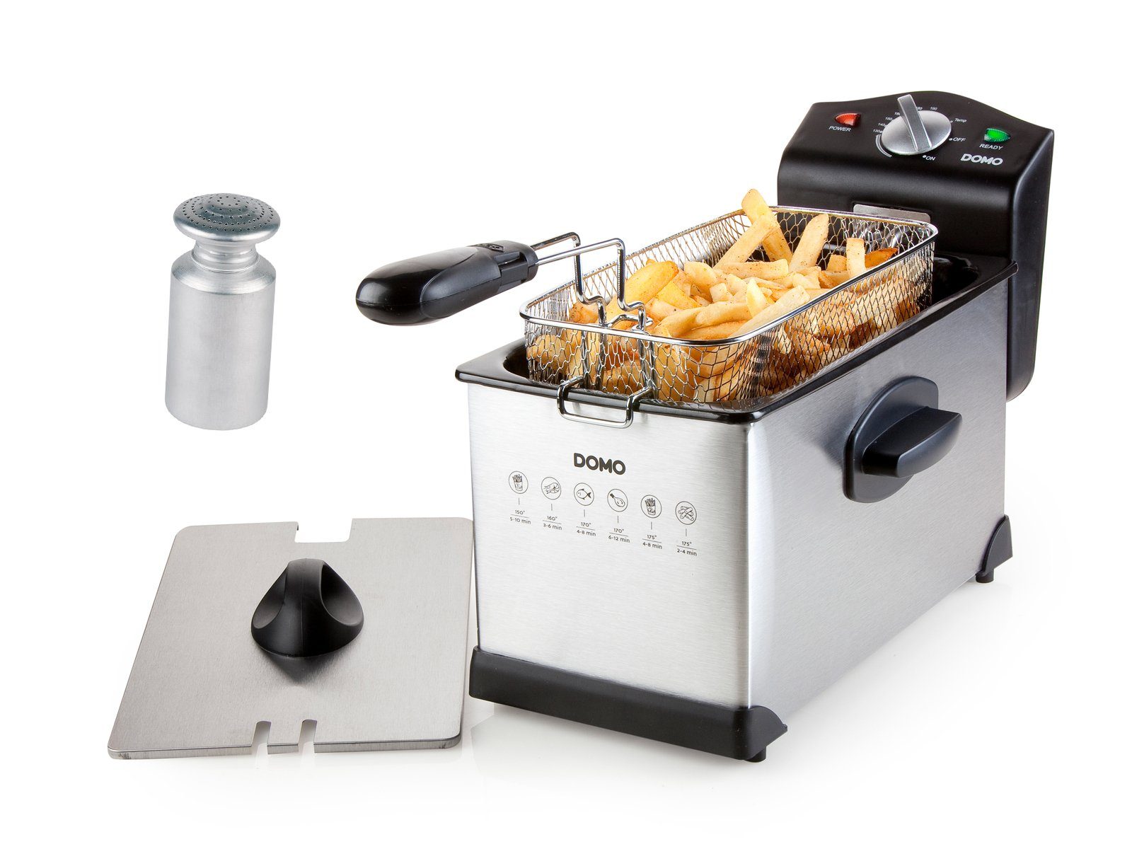 Domo Kaltzonenfritteuse, 2000 W, kleine 3L Frittöse Pommes, Schnitzel mit Fett frittieren & Salzstreuer