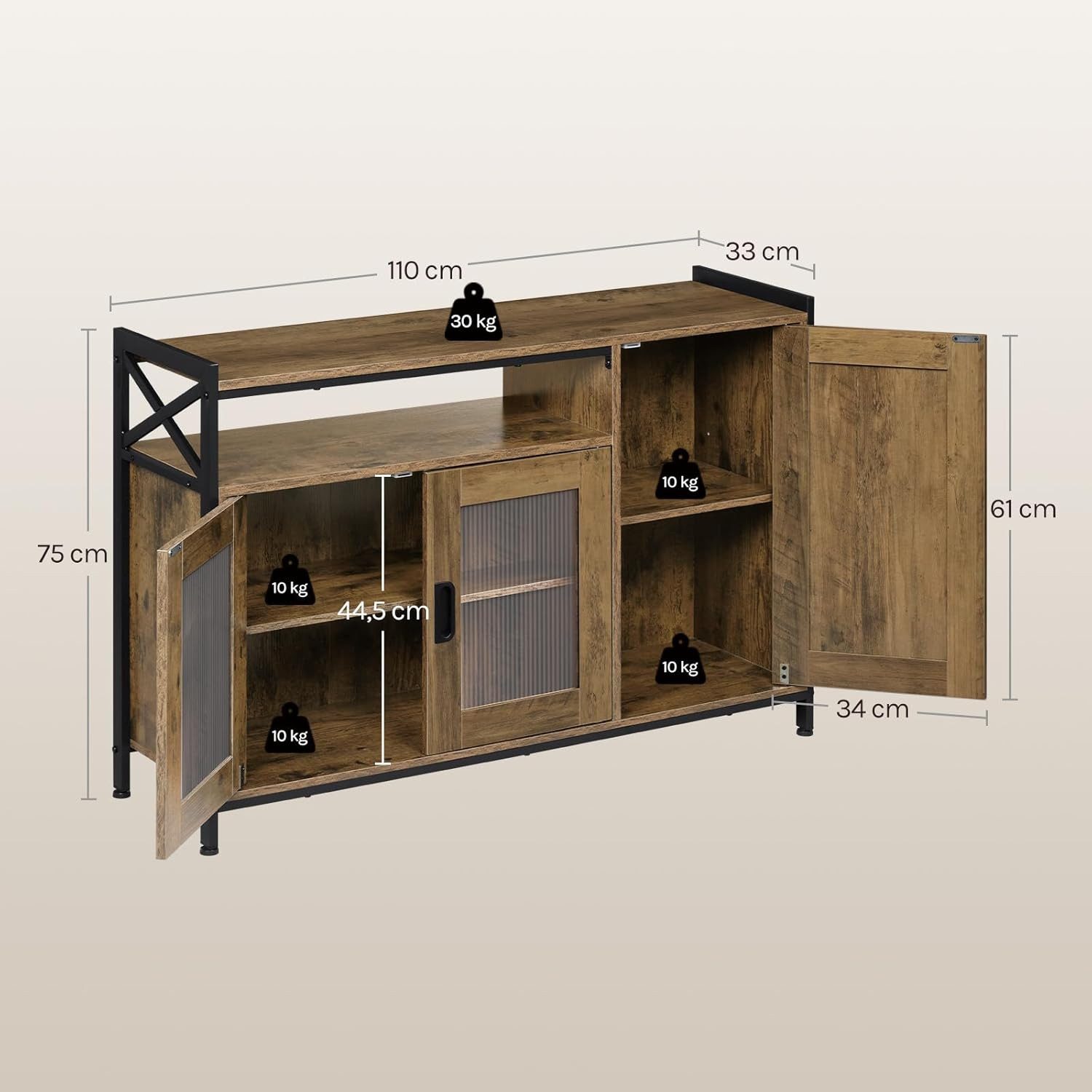 Woltu Sideboard, Küchenschrank aus MDF und Metall, für Küche Wohnzimmer Flur