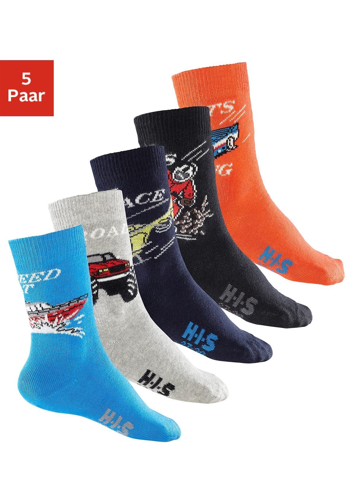 H.I.S Socken für Kinder und Jugendliche Motivsocken (Packung, 5-Paar, Gr. 23-46 bis 39-42) mit Automotiven