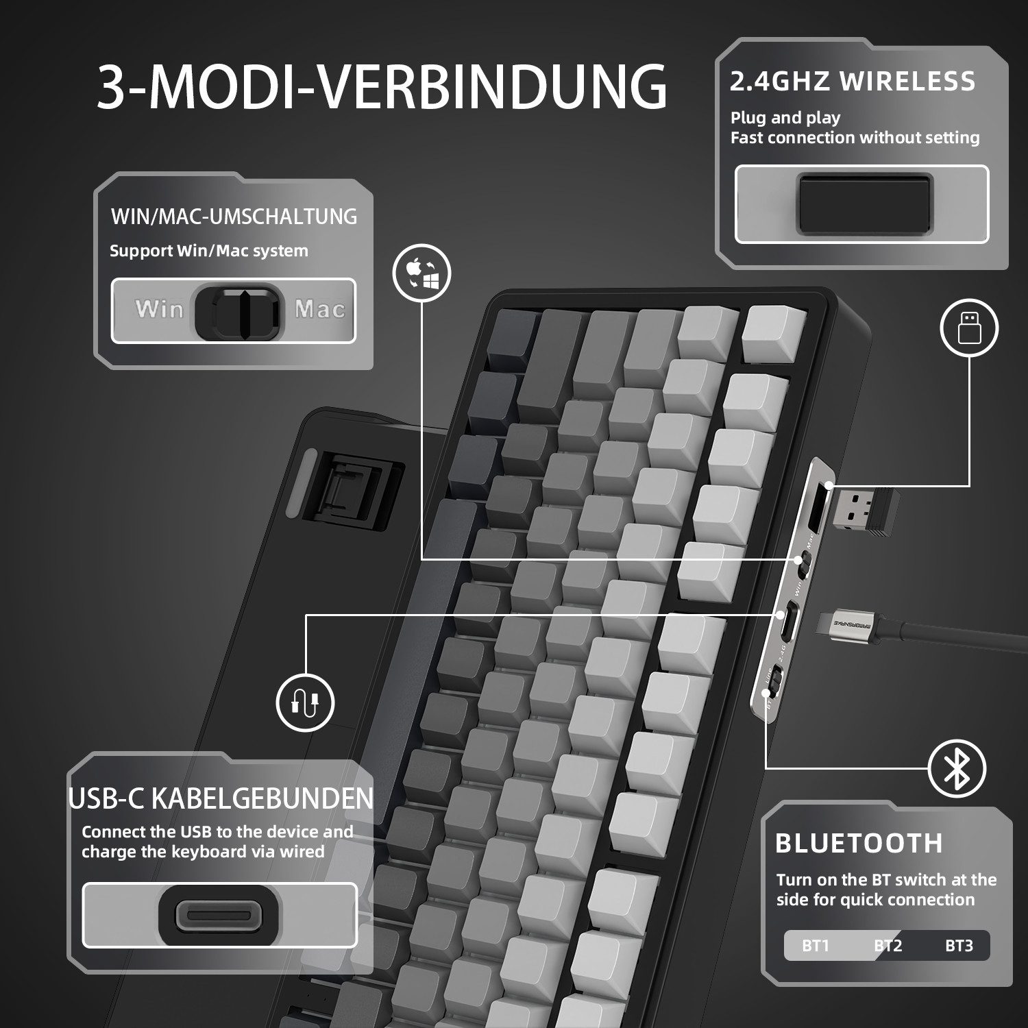 ATTACK SHARK ATTACK SHARK X85 Tri-Mode Gasket Mechanische Tastatur mit Knopf Gaming-Tastatur – Bild 4 von 5