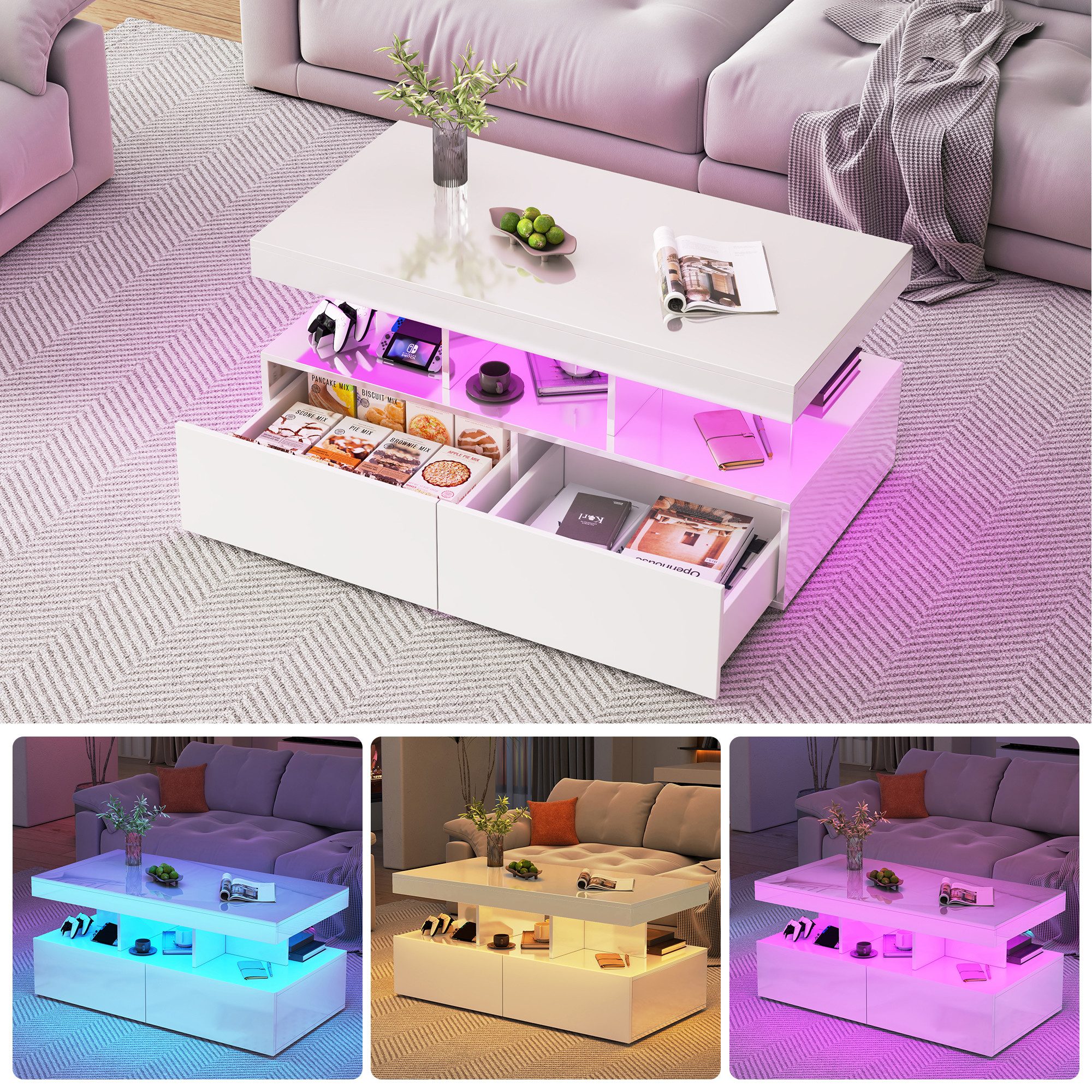 PXloue Couchtisch LED-Couchtisch mit Stauraum und modernem Design (Hochglän günstig online kaufen