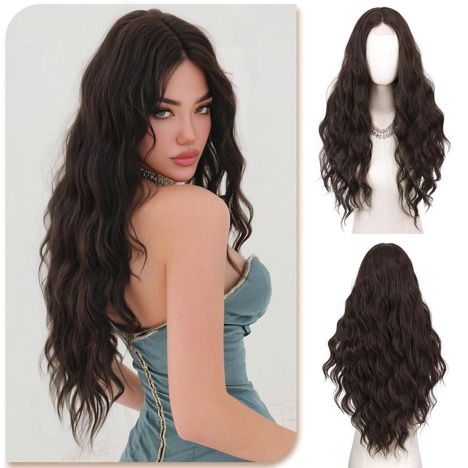 LuxusKollektion Kunsthaarperücke Perücke 70cm Mittelscheitel Damen Wellen Cosplay Dunkelbraun