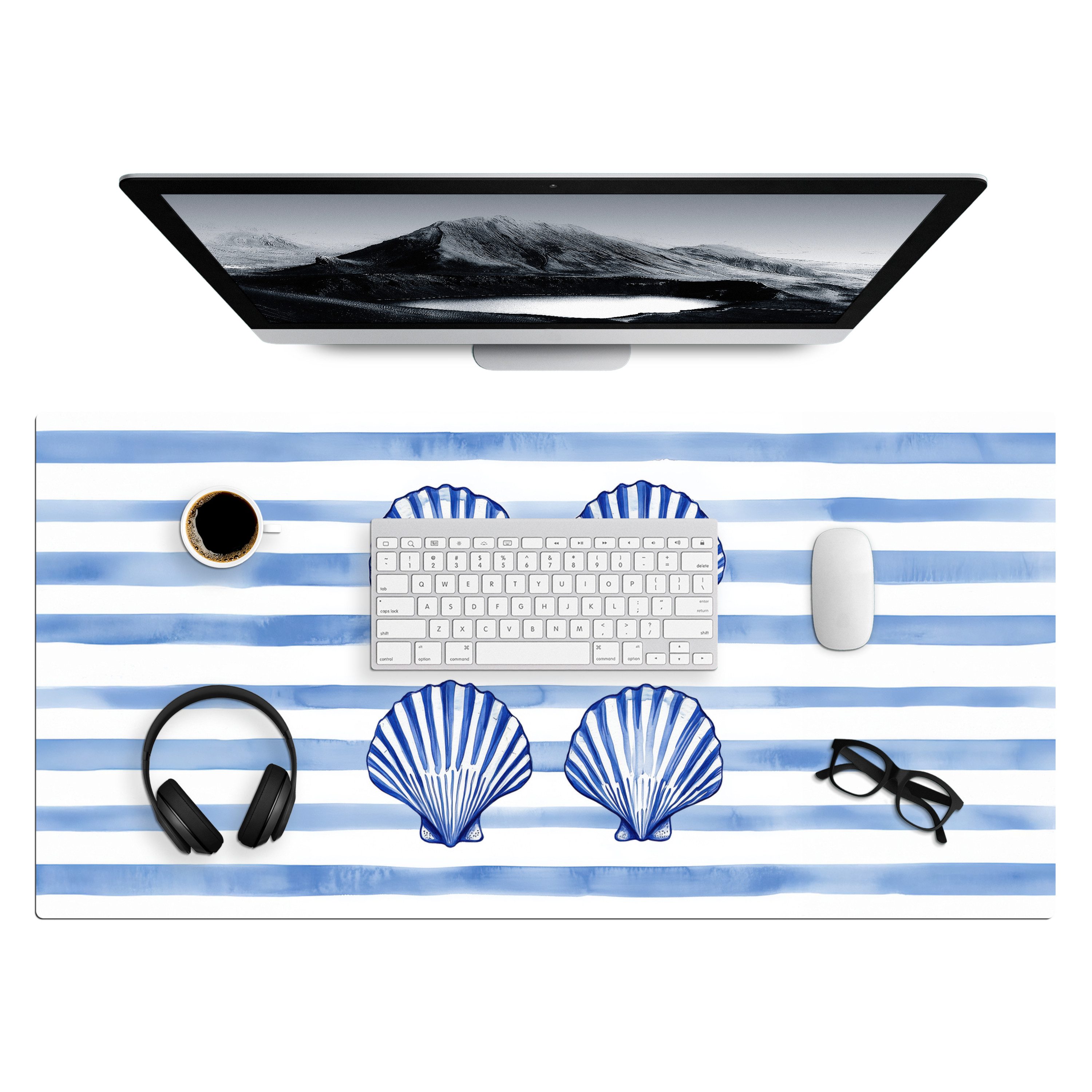 MuchoWow Gaming Mauspad Vier Muscheln - Blau - Weiß - Gestreift (1-St), Gaming Mauspad XXL, Schreibtischunterlage, Mousepad, Deko, 90x45 cm