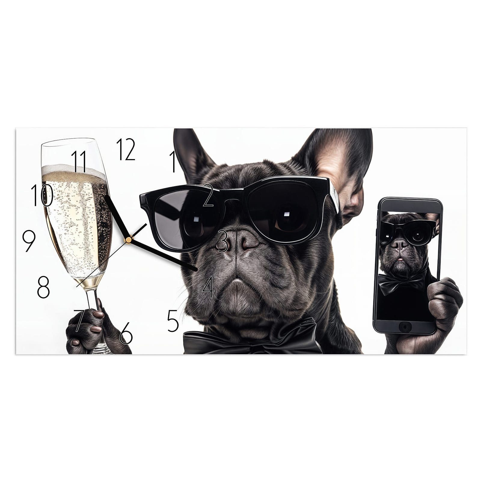 Wanduhr Glasuhr Wandkunst Größe 60 x 30 cm mit Motiv Sonnenbrillenhund