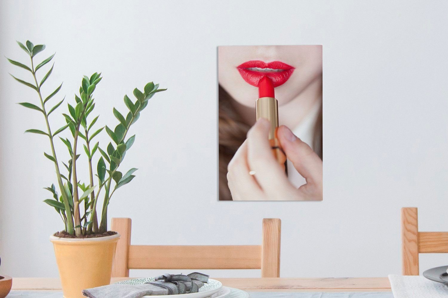 20x30 Leinwandbild mit Zackenaufhänger, einer Lippen, roten Frau (1 fertig St), OneMillionCanvasses® Bild cm jungen inkl. bespannt Gemälde, Leinwandbild