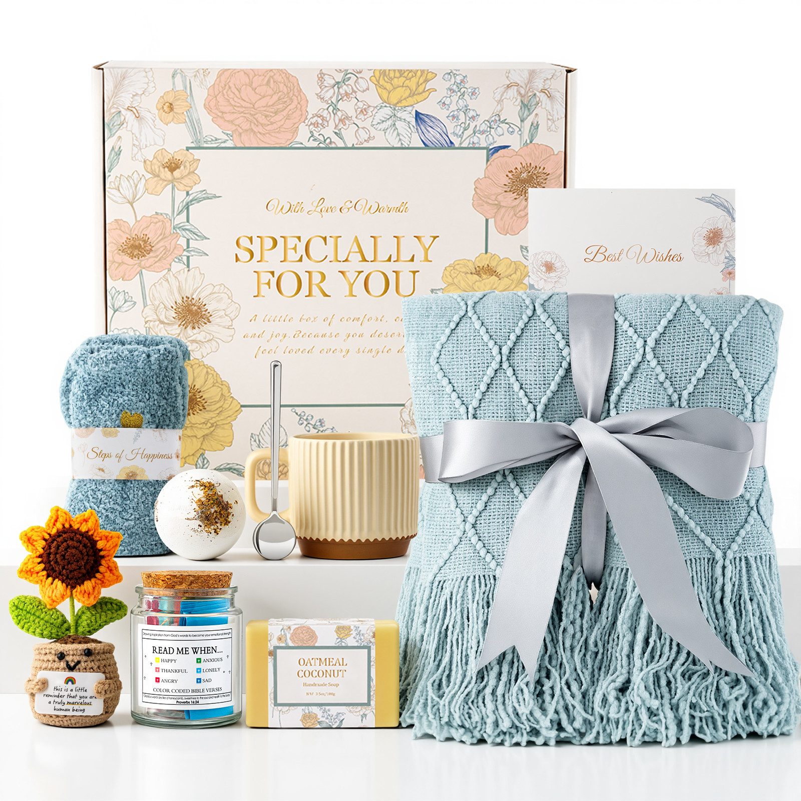 Insma Pflege-Geschenkbox 8tlg Geburtstagsgeschenke, Selbstpflegegeschenkeset für Frauen, Mütter, Schwestern, Ehefrauen, Inklusive Weiche gestrickte Decke, 1 Paar Socken,Keramiktasse, Seife