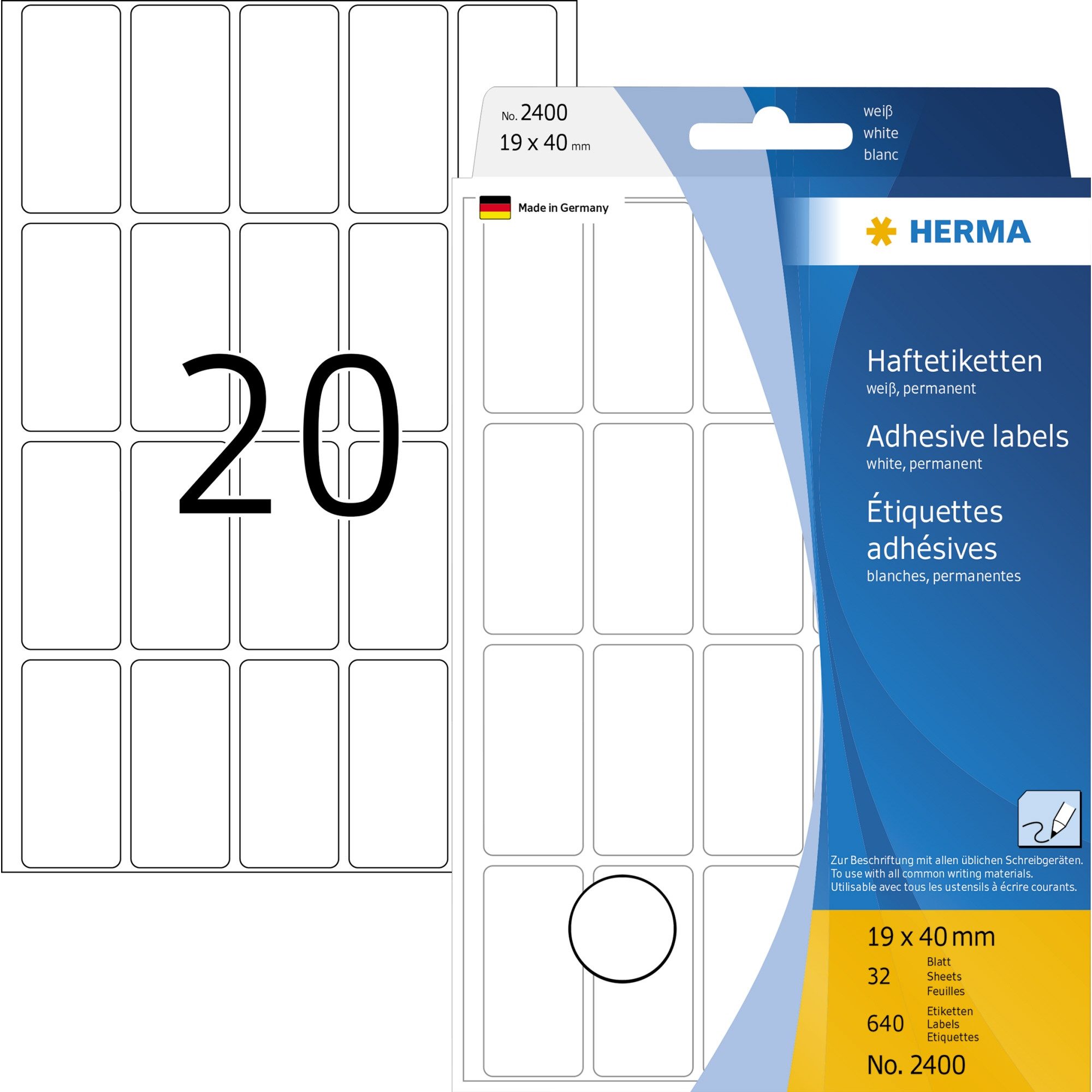 HERMA Ярлыкиpapier Herma Vielzwecketiketten permanent haftend 19 x 40 mm weiss 32 Bl 640