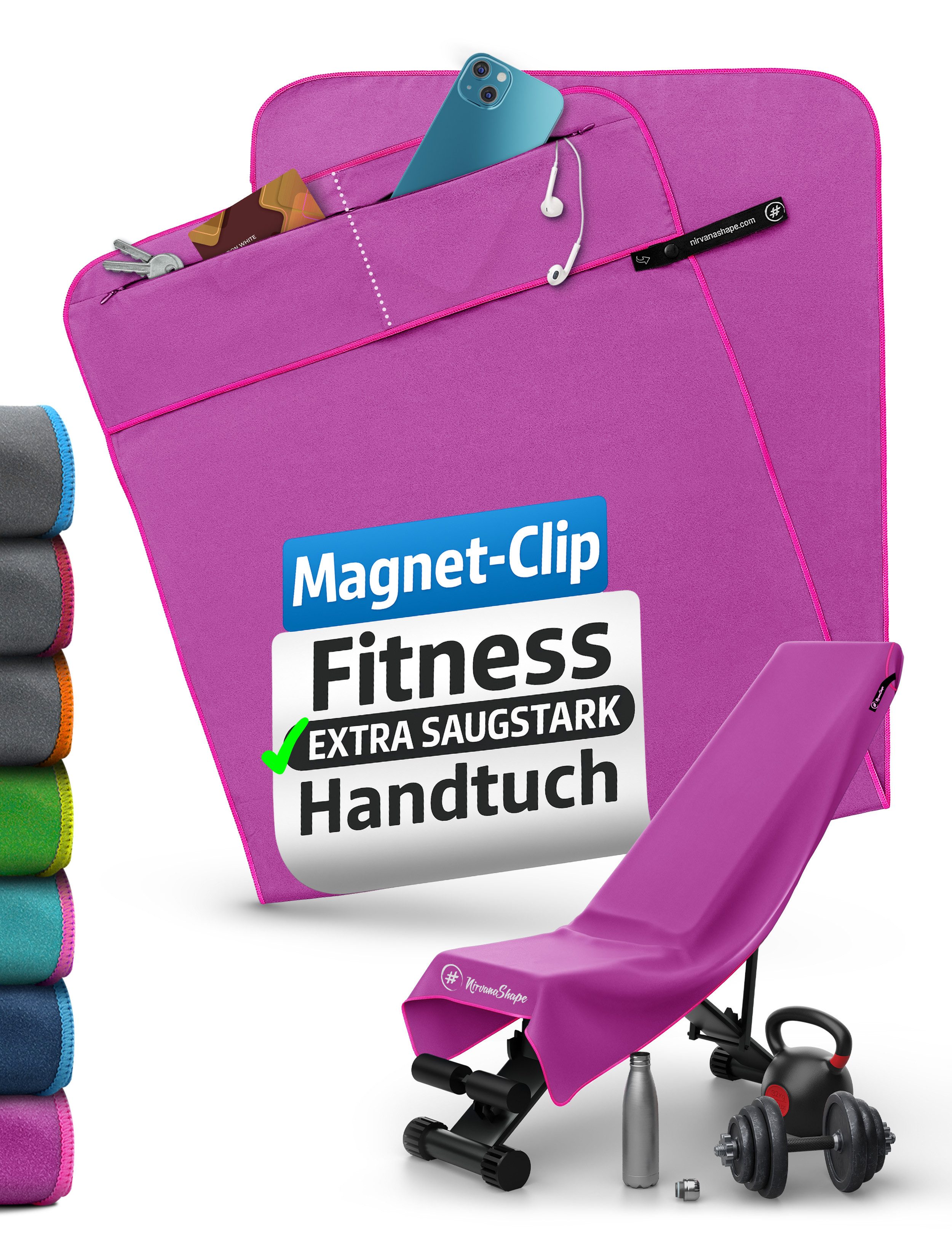 NirvanaShape Sporthandtuch Fitness-Handtuch mit Magnet-Clip, Mikrofaser Sporthandtuch, Microfaser, 2x Reißverschlusstaschen & Funktionaler Geräteüberzug, Ultra-Saugfähig