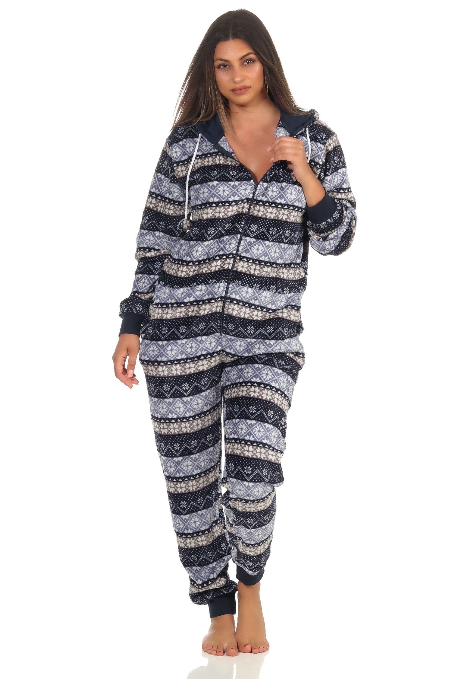 Normann Pyjama Damen Jumpsuit Overall Schlafanzug Norweger-Look, Overall mit Kapuze