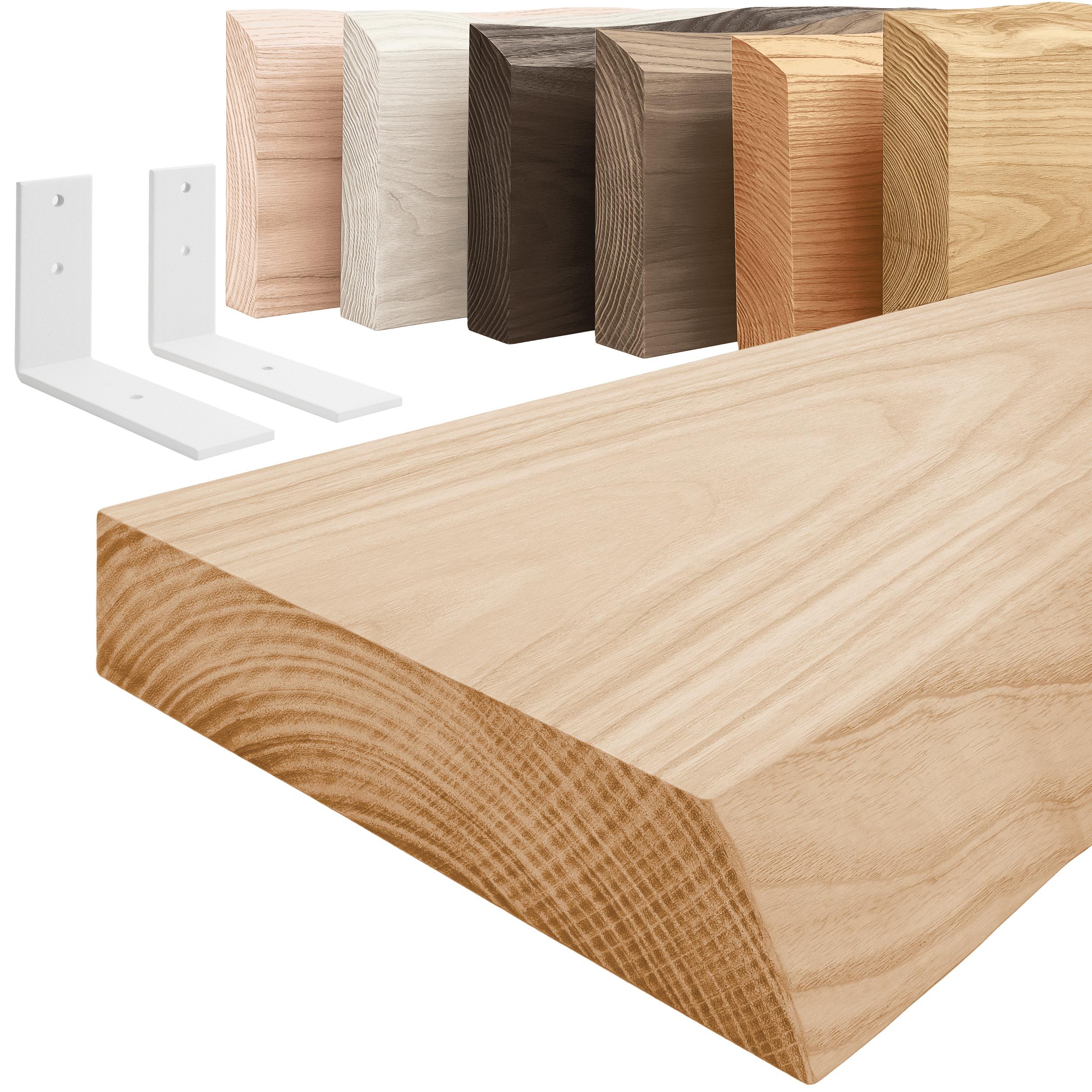 LAMO Manufaktur Wandregal Holz Baumkante Regal Farbe: Natur mit weißem Basic Regalträger 40 cm, Komplett-Set, 40mm stake Massivholzplatte