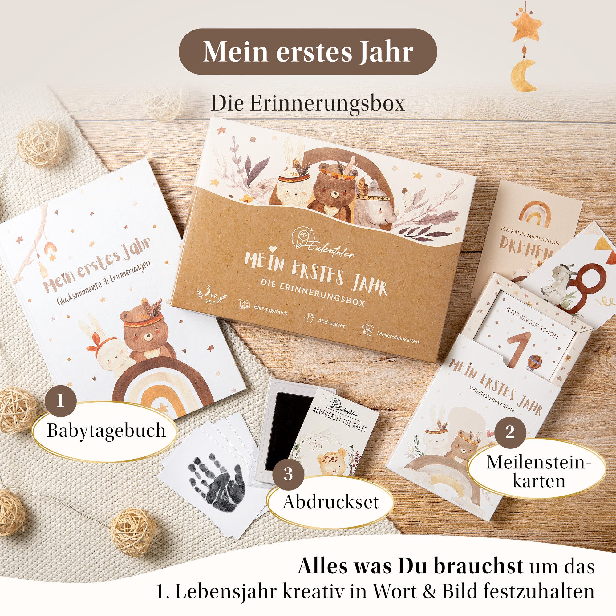Eulentaler Tagebuch I Die Erinnerungsbox I Mein erstes Jahr I Von Pädagogen gestaltet, Babytagebuch, 48 Meilensteinkarten & Baby Abdruckset
