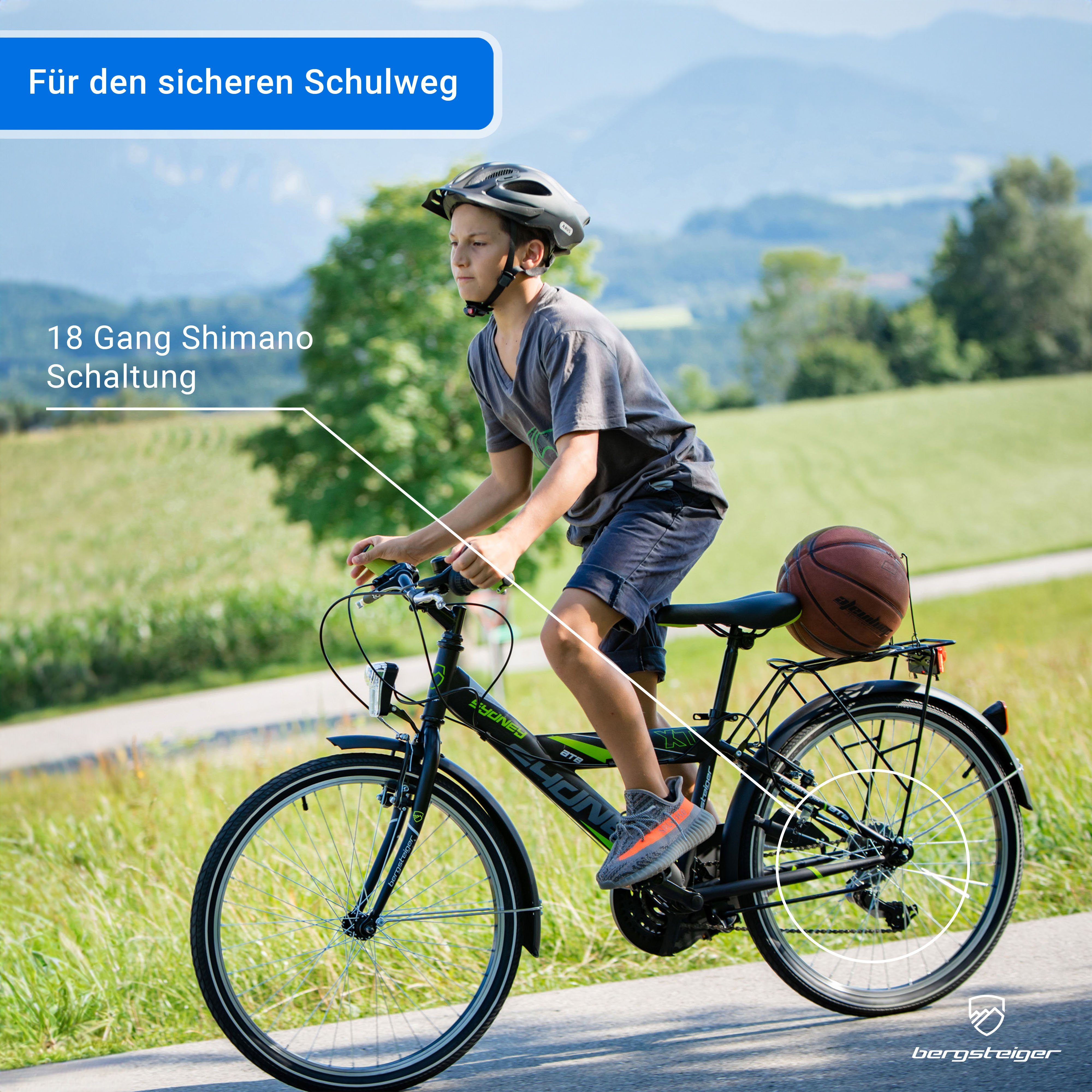 bergsteiger Kinderfahrrad Sydney 20, 24 Zoll, 6 - 9 Jahre, StVZO, Mädchen, Jungen, Shimano Tourney RD-TY300 Schaltwerk, Kettenschaltung, V-Bremsen, Dynamo