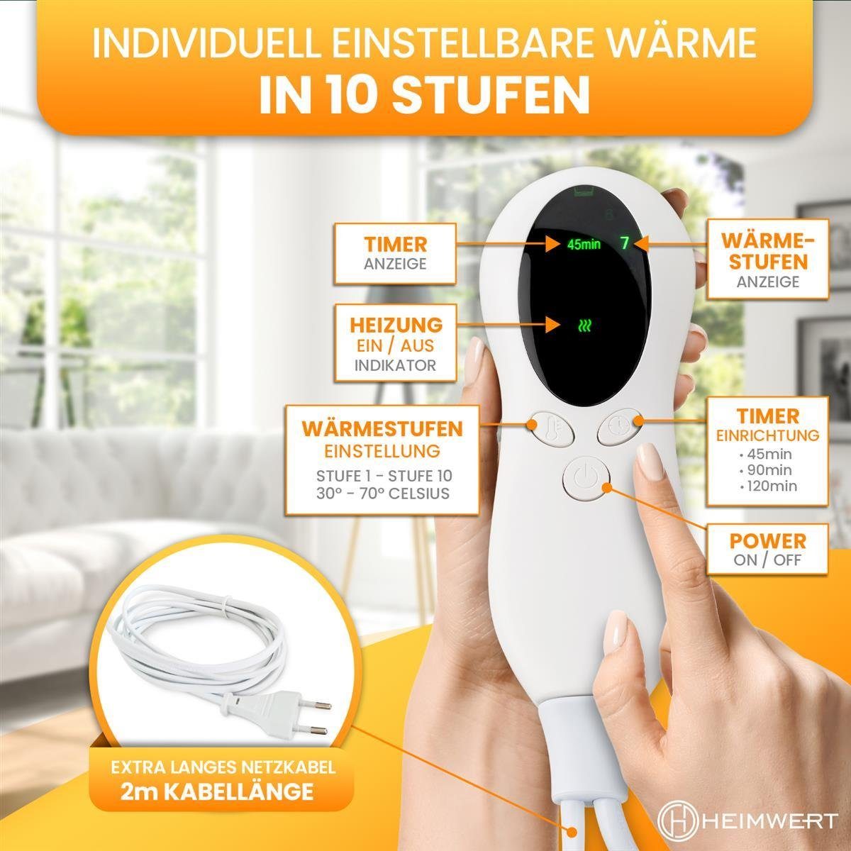 HEIMWERT Heizkissen Wärmekissen Heizkissen mit Abschaltautomatik Sofortwärme, Sofortwärme in 10 Stufen bis 100 Watt mit Timer - 30x40 cm