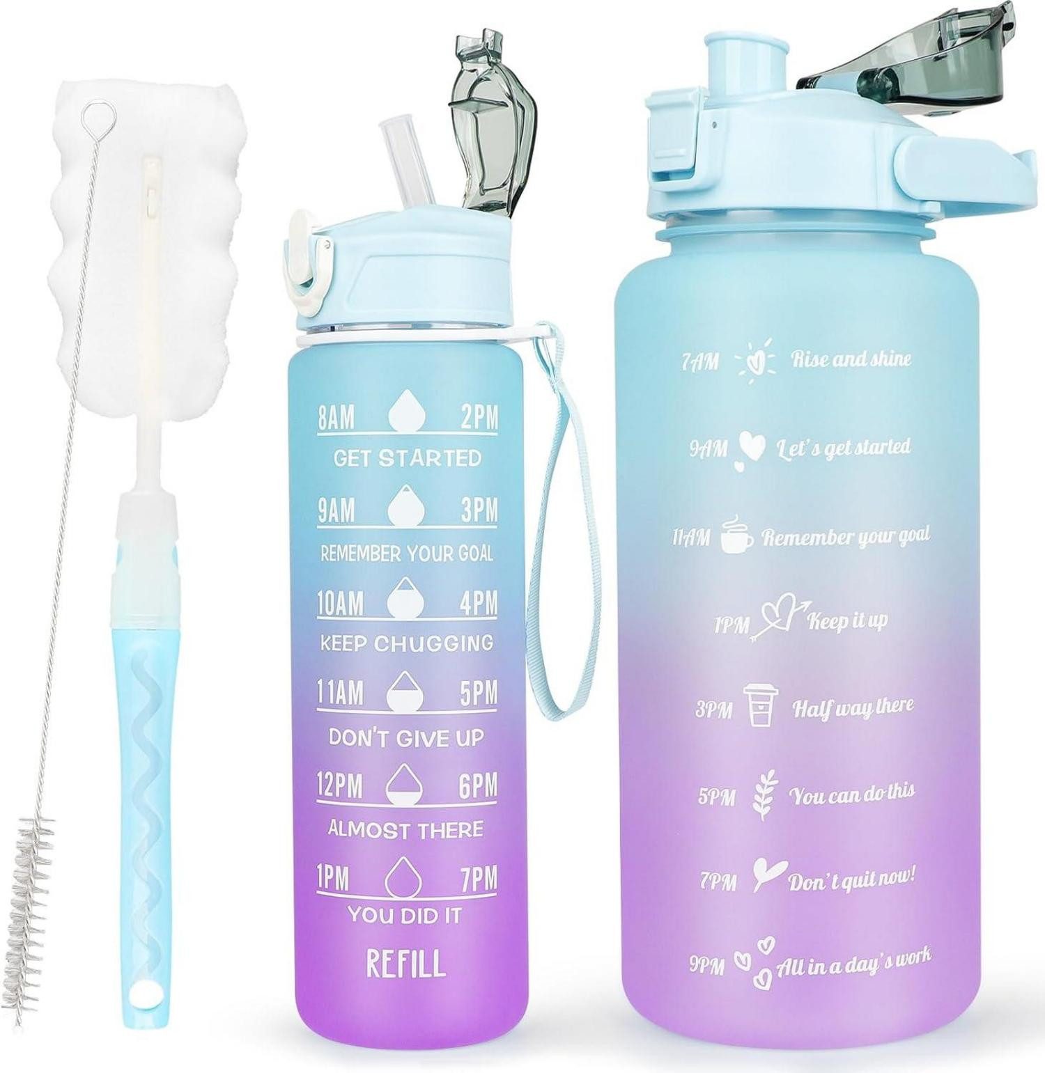 Becher 2er Pack Trinkflasche BPA-frei 2L+750ml mit Zeitmarkierung Strohhalm