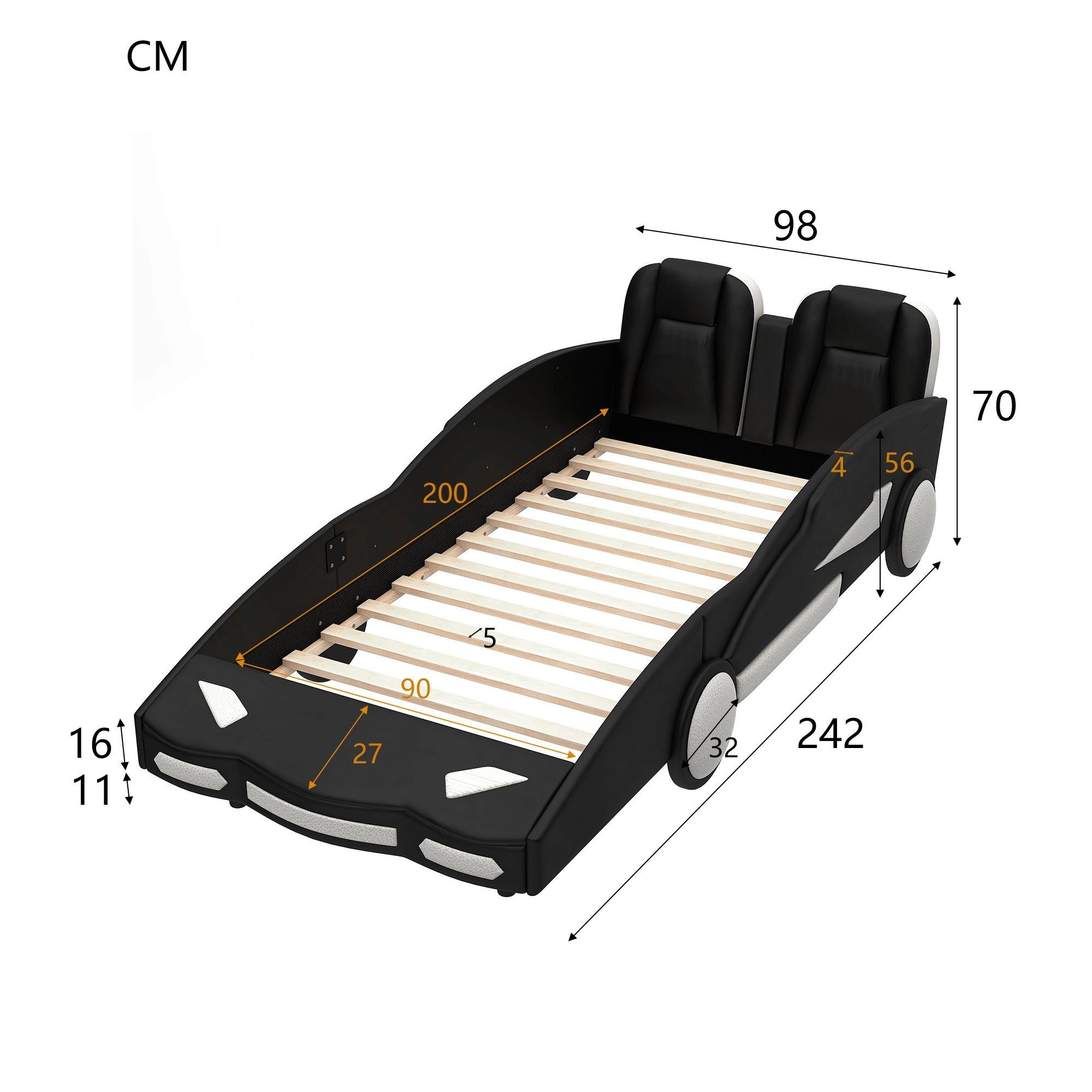 x Kinderbett Matratze 200 Auto-Modellbetten ohne Gästebett, (90 schwarz cm), REDOM Autobetten, Flachbetten,